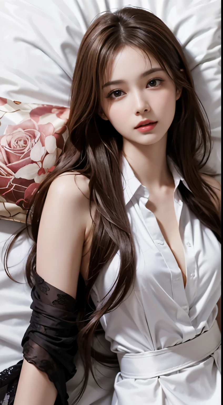 (Maria Ozawa), Cinematic Light,  (masutepiece, of the highest quality, Best Quality,  Beautiful and aesthetic:1.3), ighly detailed,highest details,(Ultra-detailed),, 
From  above,(( lying on bed)), 
Solo, breasts, Silky long hair, (Brown hair), Roses were scattered all over the beds,
((Suit)), ((Shirt)), opened breast,