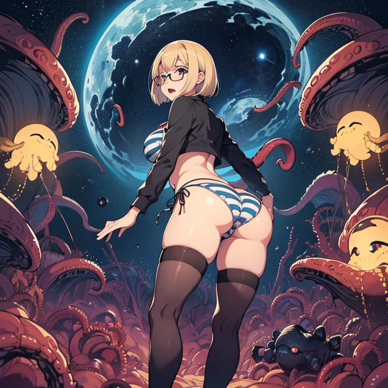 (masterpiece), best quality, expressive eyes, perfect face, ((solo, mature woman, full body, look smart, blond hair, short bob hair, glasses, striped bra, striped side-tie panties, torn clothes, high leg, over knee socks, large breast, large butt, look panic, relaxed expression, look back, from behind, open mouth)), low view, ((aliens, alien monsters, tentacles, monstrous tentacles, swarming, surrounding)), (in the spaceship), outer space,