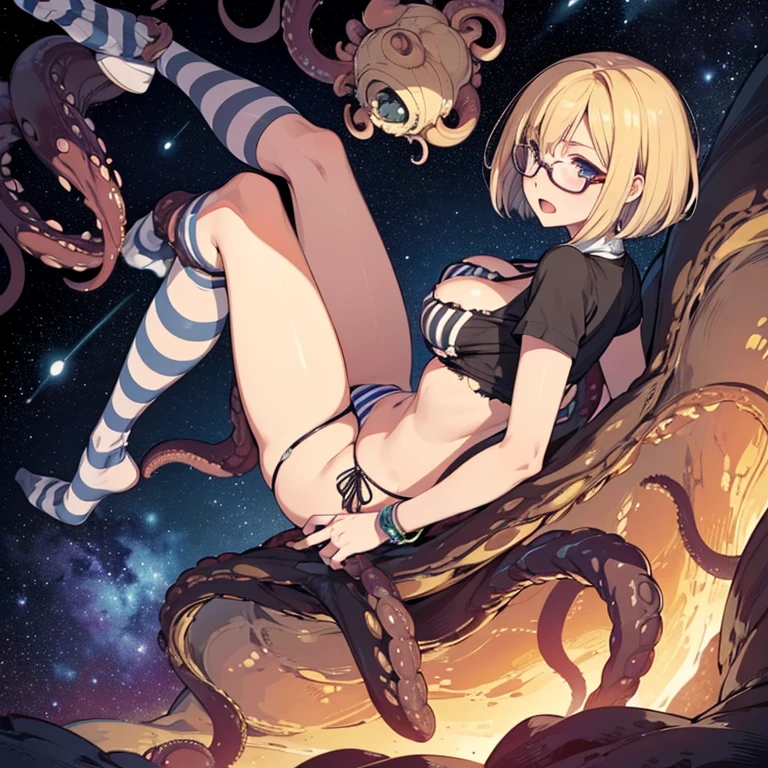 (masterpiece), best quality, expressive eyes, perfect face, ((solo, mature woman, full body, look smart, blond hair, short bob hair, glasses, striped bra, striped side-tie panties, torn clothes, high leg, over knee socks, large breast, large butt, look panic, relaxed expression, look back, from behind, open mouth)), low view, ((aliens, alien monsters, tentacles, monstrous tentacles, swarming, surrounding)), (in the spaceship), outer space,