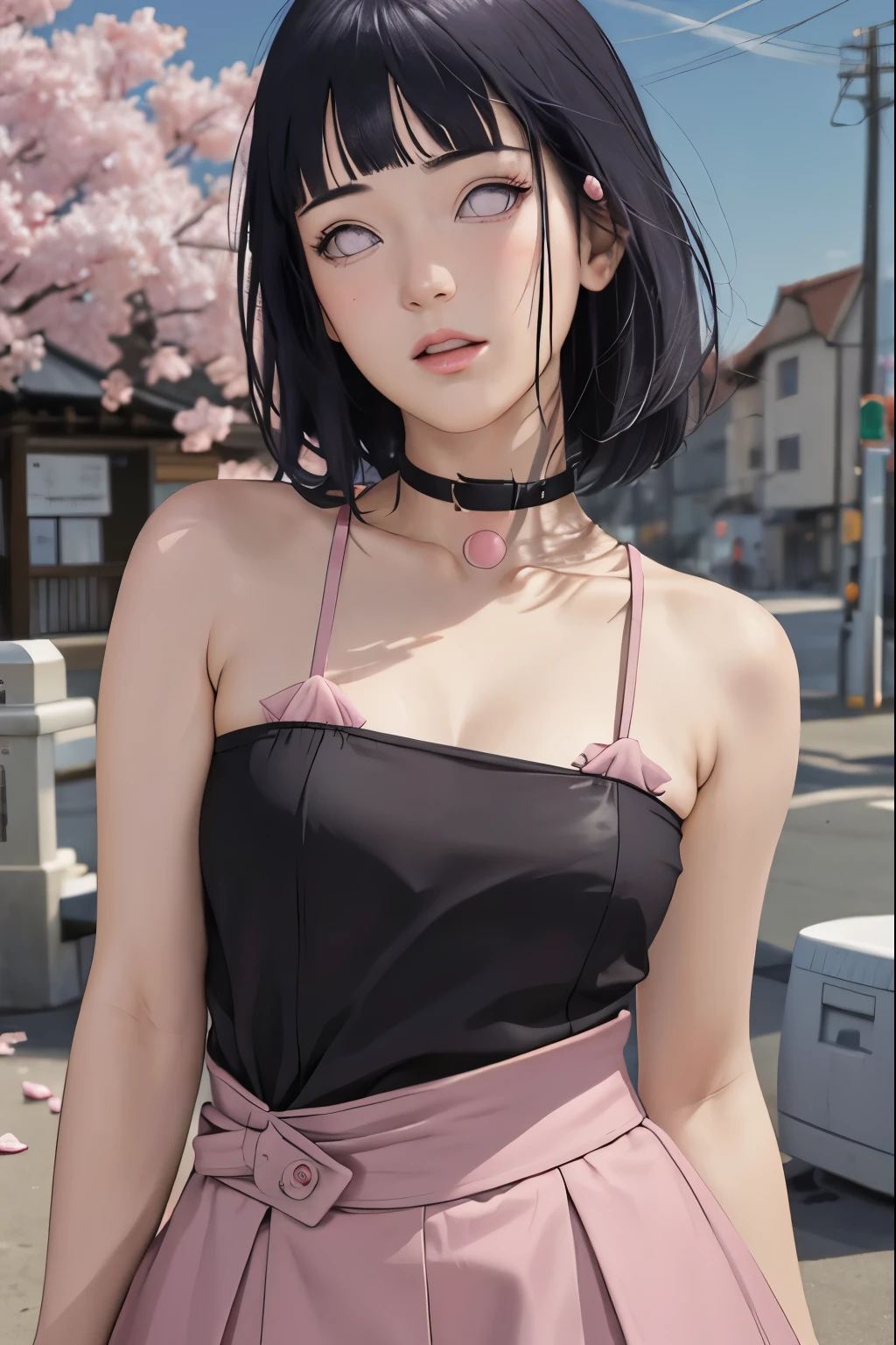 masterpiece, absurdres, hinata\(boruto\), 1girl, solo,mature female, spaghetti strap square neck, high waist short skirt, looking at viewer, (falling petals), perfect composition, detailed lips, voluptuous, beautiful face, body propotion, blush, (pink lips), long hair,  purple eyes,  soft gaze,  super realistic, detailed, photoshoot, realistic face and body, armpits