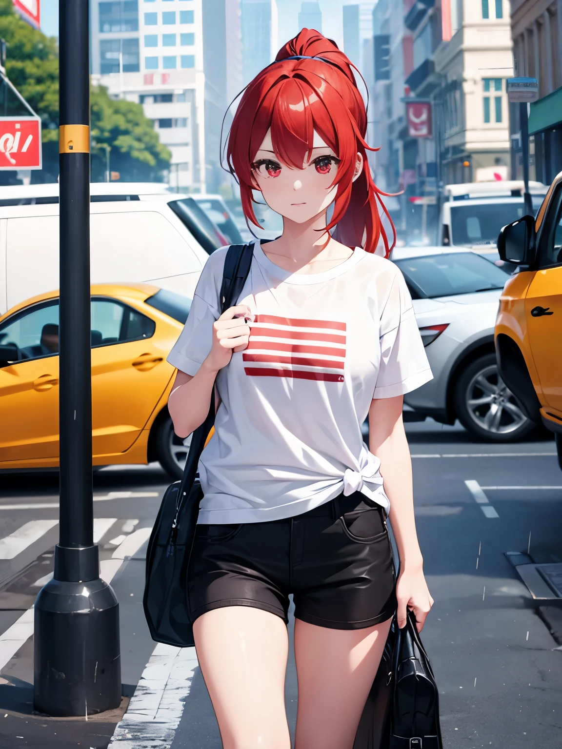 1 girl,Stand, on the street, raining, Carrying a gun, red hair, ponytail, red eyes, white t-shirt, black shorts, ultra detail, ultra HD