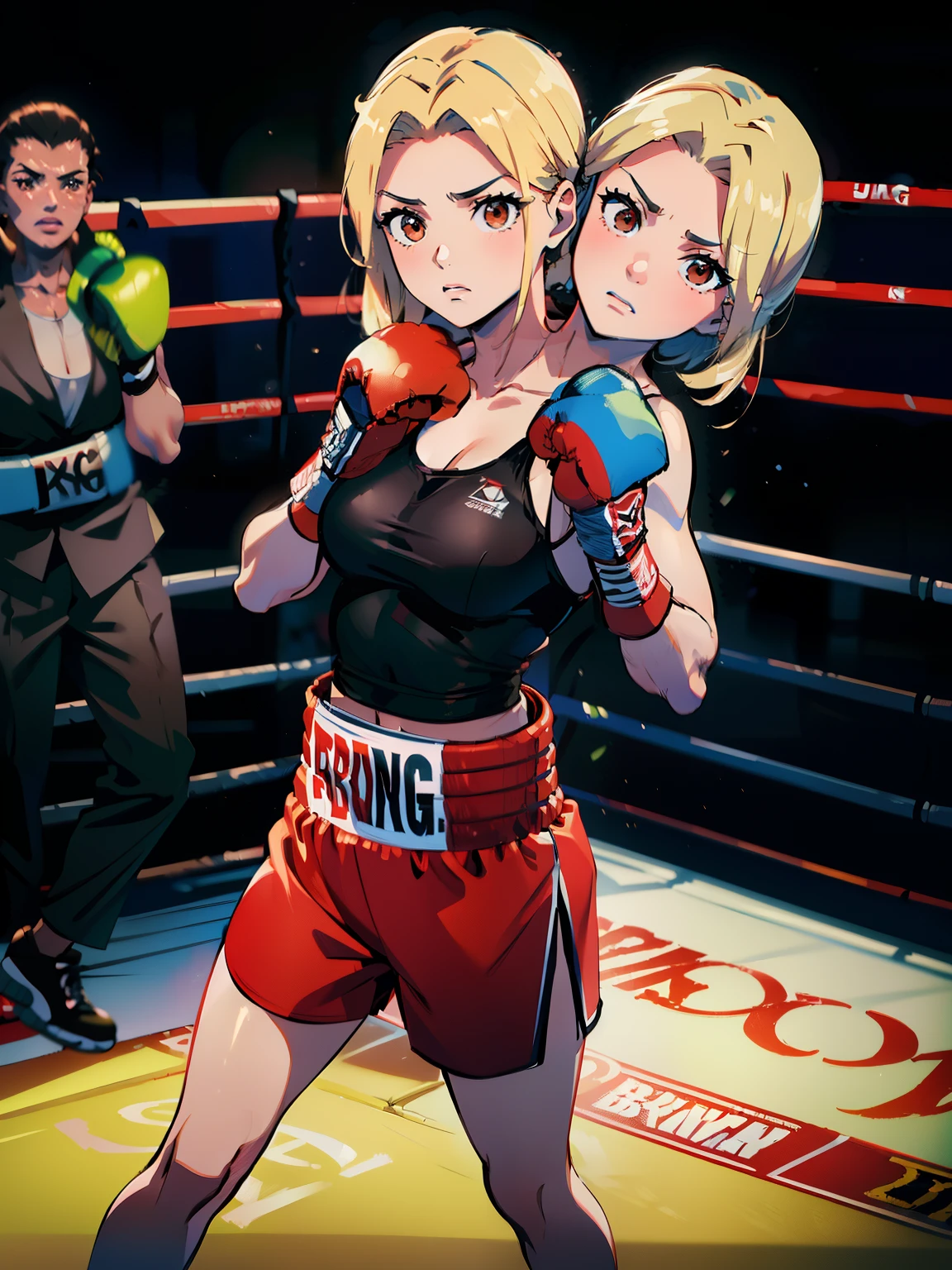 (masterpiece),(ultra-detailed), (high quality), (high resolution), (best quality:1.5, highres, UHD), highres, absurdo, ultra detail, ultra quality, Ultra resolution, 16k, ((2heads:1.5)), 1girl, anime girl with two heads, 1girl, blonde hair, brown eyes, (red tank top), short pants boxing gloves, punching a punching bag, gym, (boxing match:1.5), audience spectators
