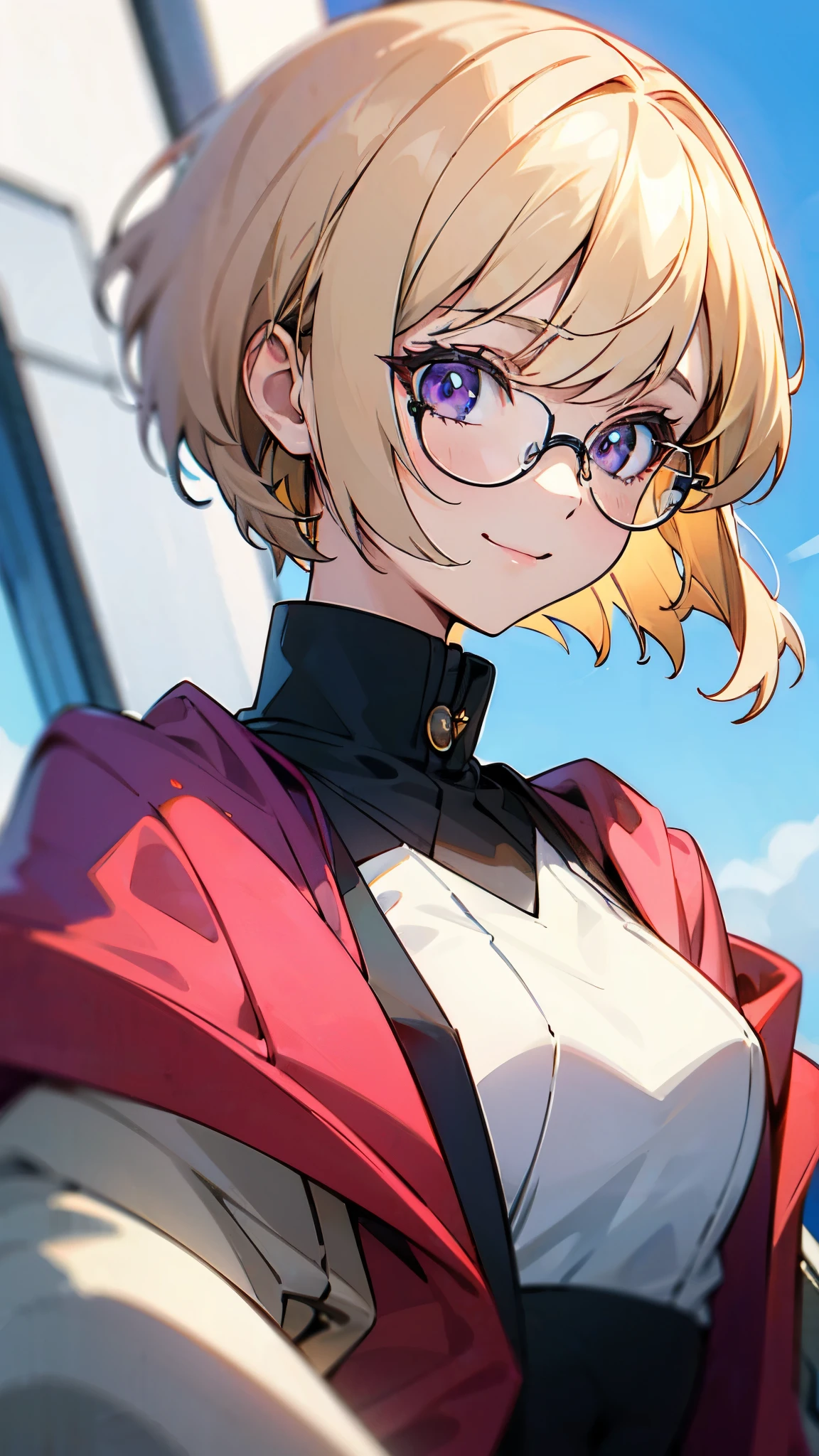 1 female、blonde、bangs、bob cut、straight hair、chignon hairstyle、Purple pupils、red rim glasses、smile、From the side、Wear a rider&#39;s jacket、long sleeve、gloves、roof of the building、Blowin' in the wind、blue sky、upper body close-up、sharp outline