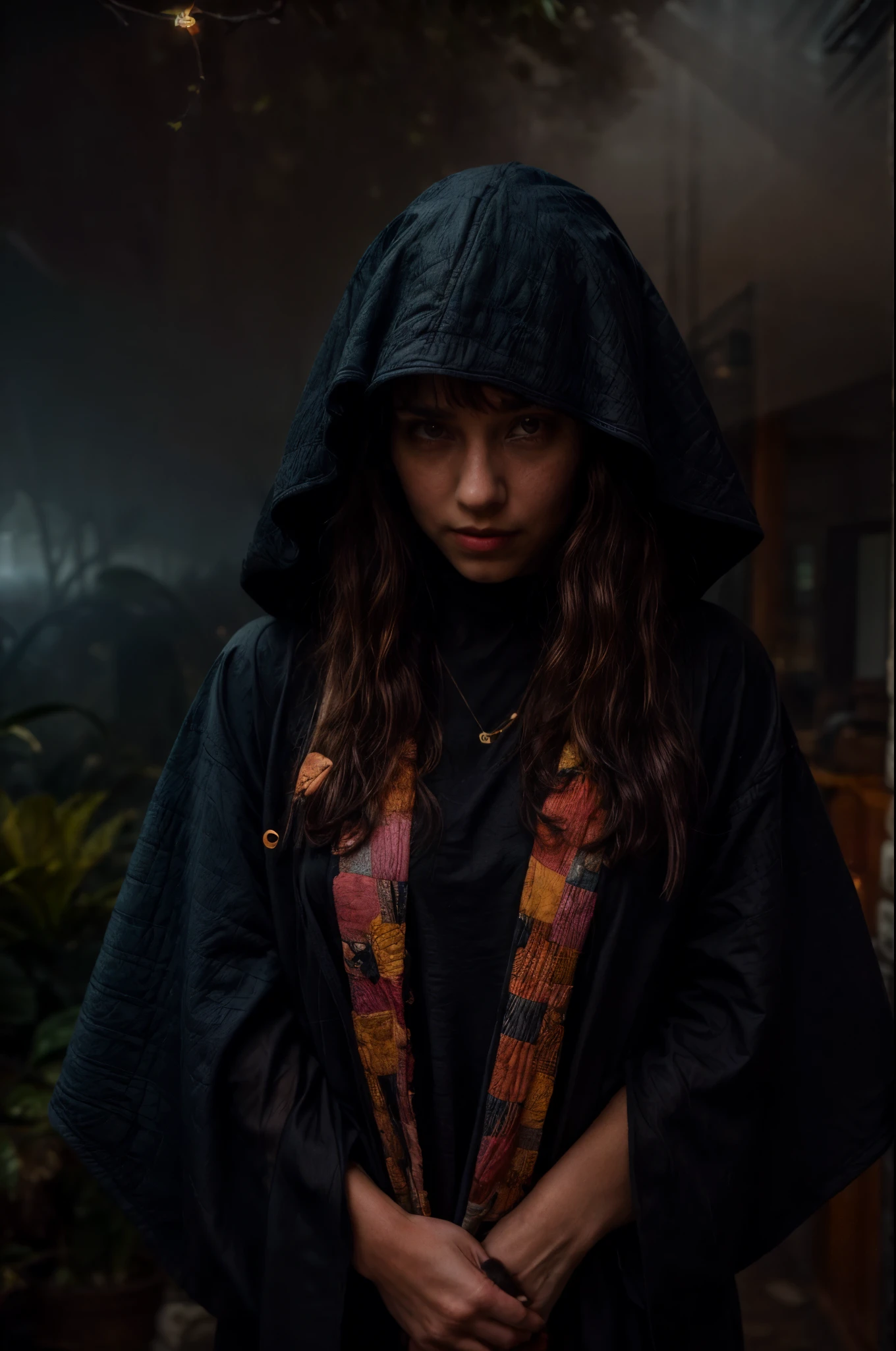 1woman, 28 yo woman, woman, curly hair, beautiful woman, her hair wrapped in colorful ((quilt folk rug)) dimples, looking to camera, dark clothing, custom fashion fit, (long curly hair:1.3), several ear piercings, beside a (black checkered vase with a potted surreal plant growing from it), overgrown, ((misty fog:1.1)), lush haze, Bioluminescence, she's a true charismatic woman, there's something about her, incredible presence all her details are captured by any and all cameras, all (details captured, taken by Canon EOS 5D, Nikon d850 full frame, Leica M, Hasselblad digital cameras), the picture seems to show you every detail, we can see details the normal eye can't see, invisible to many, camera is revealing more around her, reveal the deepest shadows, blacks are deep and rich, every texture is clear and fine, shallow depth of focus, blurry path into deep darkness, a busy the path and keep her from being safe inside where she wants to be