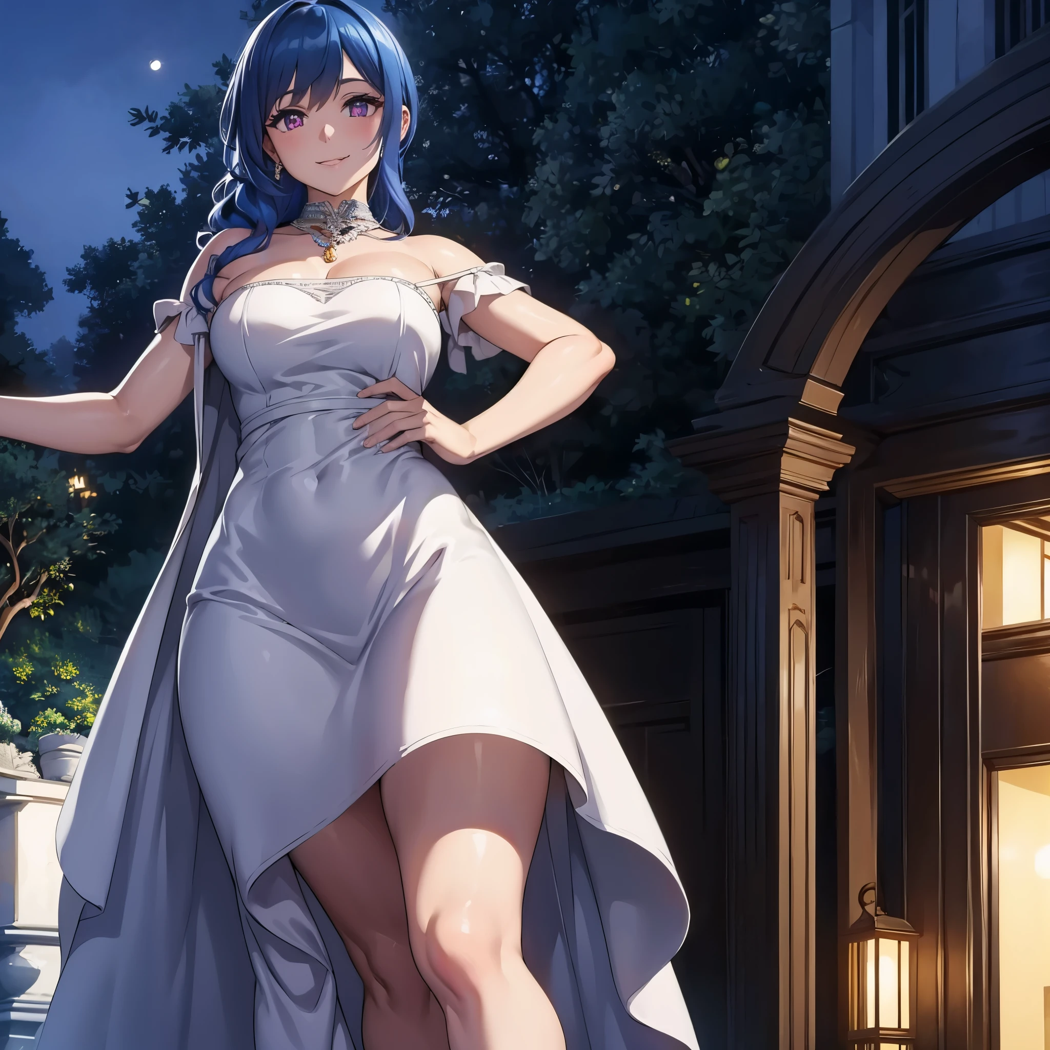 a woman wearing a white dress, outside a luxurious house at night, blue hair, purple eyes, smiling
