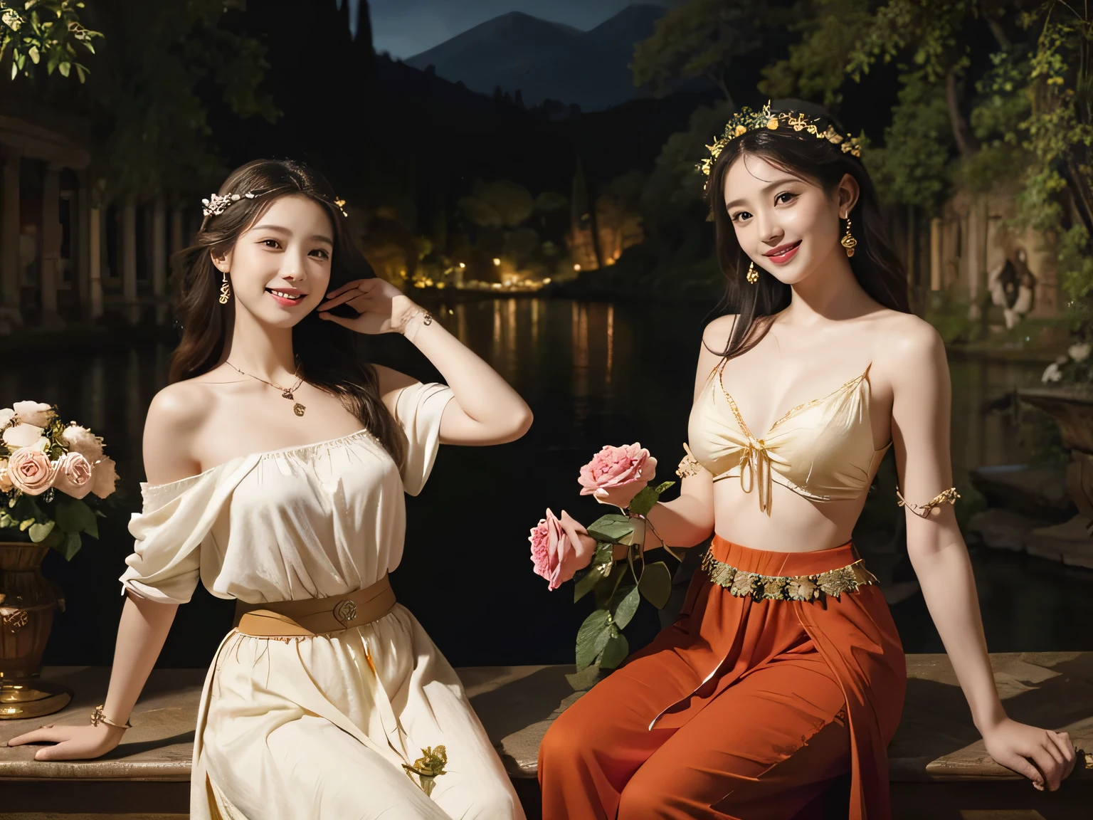 Giorgione painting style,Arguments of two female P、roses in vase、fruits、Cute trinkets、smile、ancient greek costume、Background is a forest lake at night 、Clothes that stretch your shoulders、A big smile、beautiful bare skin,Woman singing with sheet music