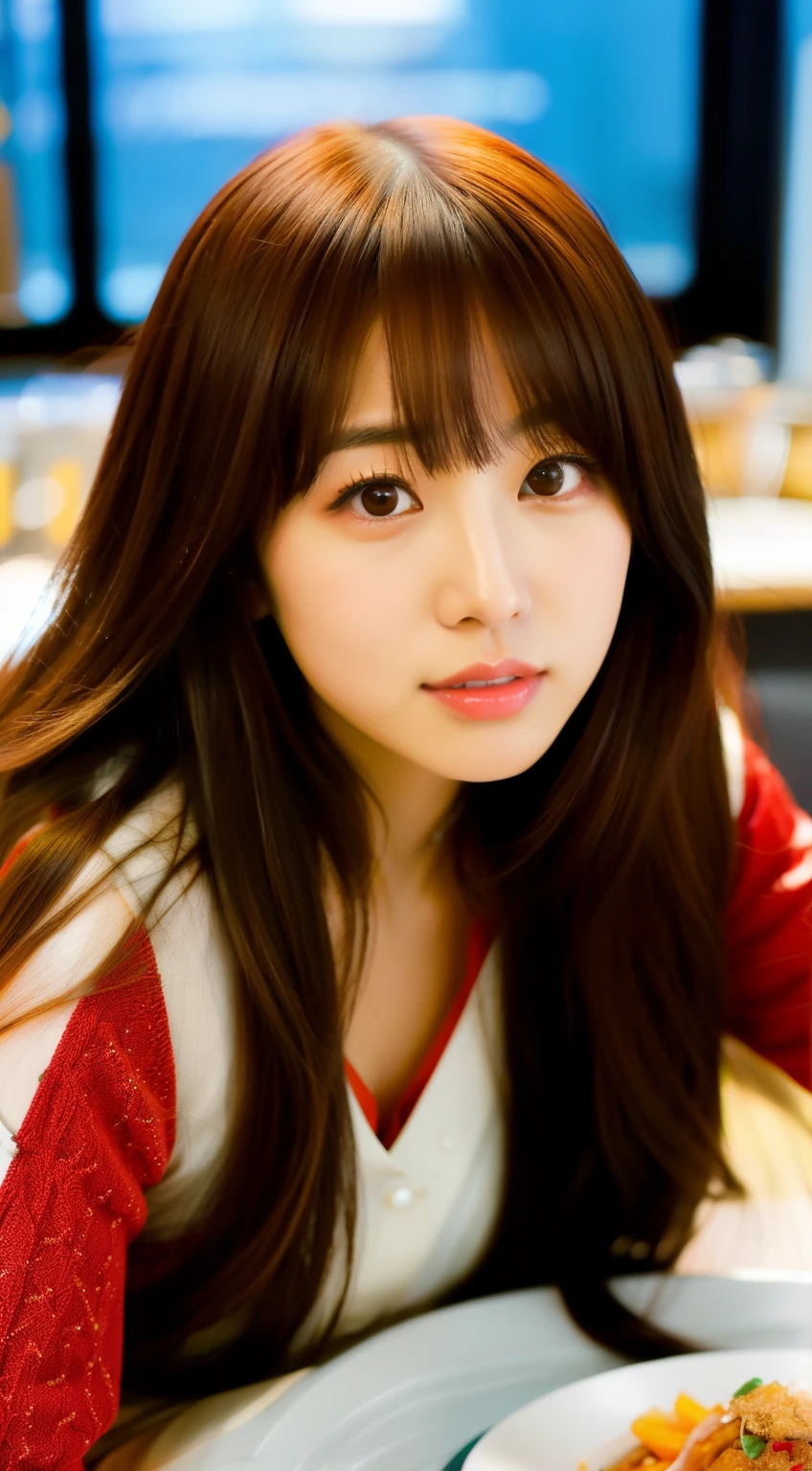 there is a woman with long hair sitting at a table, lalisa manobal, chiho, Yoshitomo Nara, sakimichan, shikamimi, ulzzang, jaeyeon nam, junko enoshima, lalisa manoban of blackpink, sakimi chan, with bangs, brown bangs