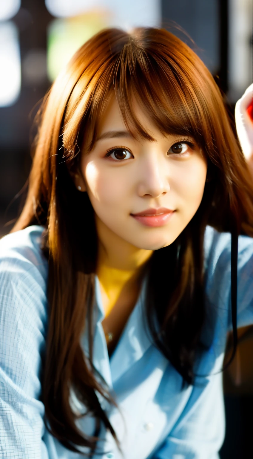 there is a woman with long hair sitting at a table, lalisa manobal, chiho, Yoshitomo Nara, sakimichan, shikamimi, ulzzang, jaeyeon nam, junko enoshima, lalisa manoban of blackpink, sakimi chan, with bangs, brown bangs