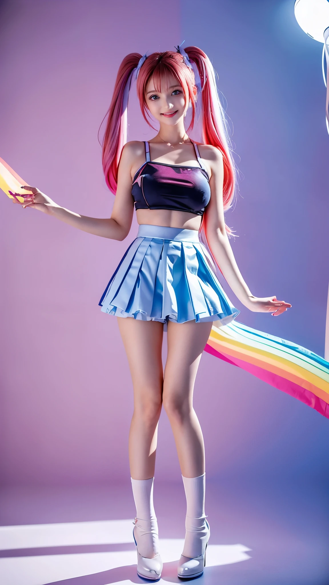 A cute redhead girl with rainbow-colored hair tips, wearing a ribbon on her hair, an 18-year-old female, happy and smiling, with twin tails, perfectly symmetrical eyes, clear and sparkling blue eyes, pale skin, silky-smooth skin, standing on a luxurious metallic spaceship, futuristic corridor, with dark and warm lighting, wearing a shirt and a pleated silk mini skirt (soft colors and stripes), ruffled and fluffy, wearing full-body stockings, cute ankle boots.