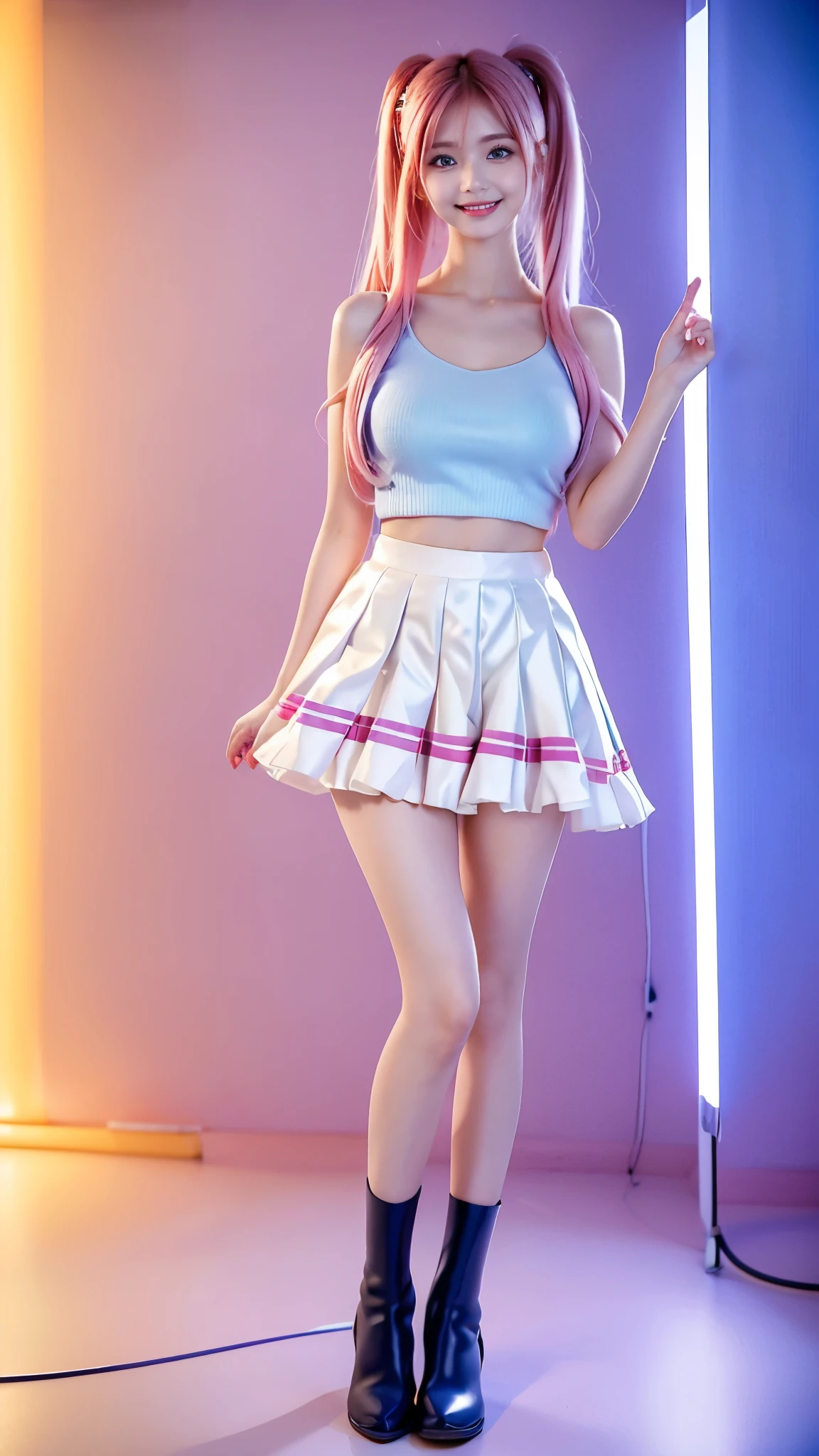 A cute redhead girl with rainbow-colored hair tips, wearing a ribbon on her hair, an 18-year-old female, happy and smiling, with twin tails, perfectly symmetrical eyes, clear and sparkling blue eyes, pale skin, silky-smooth skin, standing on a luxurious metallic spaceship, futuristic corridor, with dark and warm lighting, wearing a shirt and a pleated silk mini skirt (soft colors and stripes), ruffled and fluffy, wearing full-body stockings, cute ankle boots.