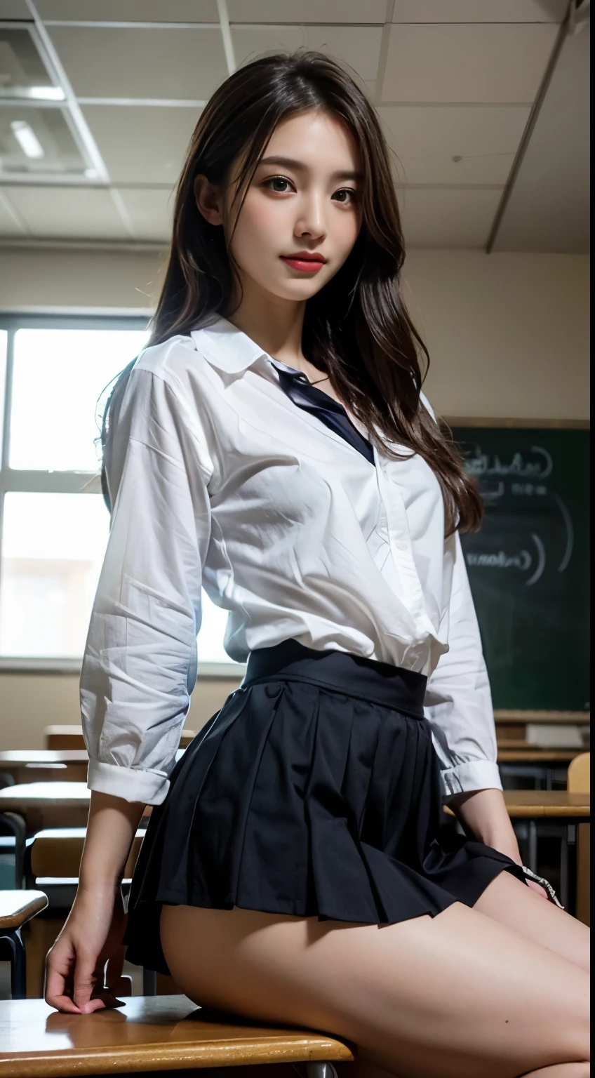 (1 girl), (sexy look:1.5), (flat chest:1.3), (very detailed目, very detailed顔), (超realistic, High resolution), (highest quality:1.4), (hyper quality), real skin texture, RAW photo, (realistic, Photoreal:1.37), very detailed, professional photography, (school uniform, pleated skirt:1.3), (look at me), (School, classroom), ((Face to face with me:1.4)), (((Hold the hem of your skirt and show your panties:1.4))), (from below:1.3), realistic private parts, lace panties, Japanese high school girl、超highest quality、masterpiece、超High resolution、written boundary depth、(Photoreal:1.4)、(award winning photos、信じられないほどのmasterpiece:1.3) 、RAW photography、golden ratio、Highly detailed CG Unity 8k wallpaper、detailed and complex、original、High resolution、RAW photo、(perfect body shape)、detailed and complex、Digital single-lens reflex camera、soft writing、(background person blur:1.1)、Sigma 85mmF/1.4、50mm Lenac lighting、nffsw、hyper real、color grade, Rear view,from below:1.3), Open your legs and show off your real pussy, 