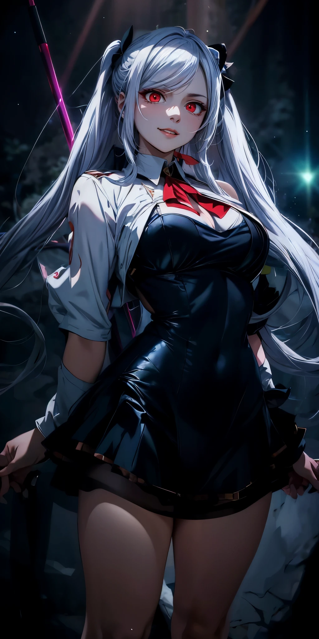 silver hair, twintail, bow, red eyes, breasts, epic art, fantasy, (8k, RAW photo, photorealistic:1.25) ,( lipgloss, eyelashes, gloss-face, glossy skin, best quality, ultra highres, depth of field, chromatic aberration, caustics, Broad lighting, natural shading, Kpop idol) looking at the audience With serenity and goddess-like bliss, big breasts, transparent clothings, transparency cloth, bra less, (transparent clothes), (big breasts), (big tits), full body,