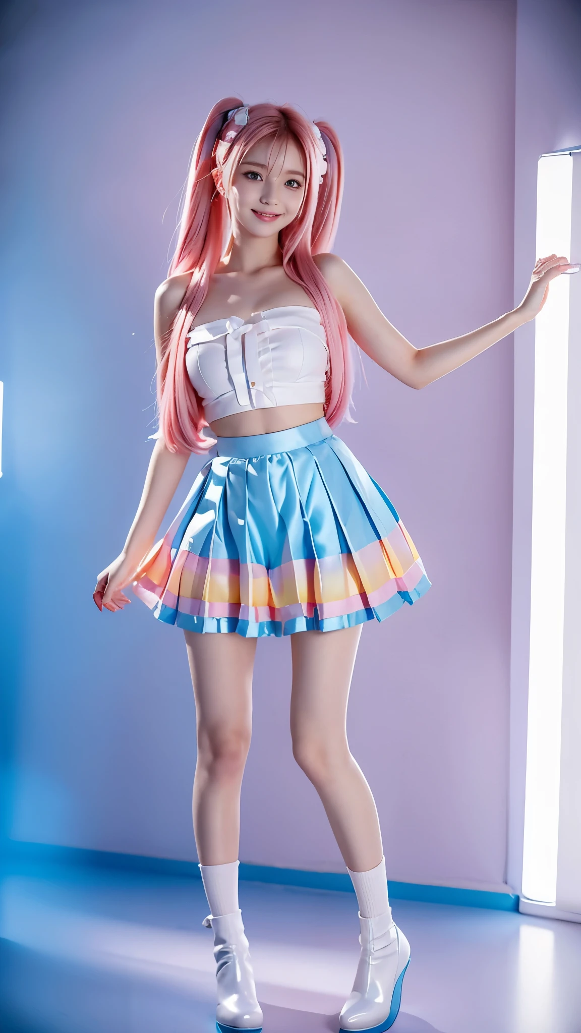 A cute redhead girl with rainbow-colored hair tips, wearing a ribbon on her hair, an 18-year-old female, happy and smiling, with twin tails, perfectly symmetrical eyes, clear and sparkling blue eyes, pale skin, silky-smooth skin, standing on a luxurious metallic spaceship, futuristic corridor, with dark and warm lighting, wearing a shirt and a pleated silk mini skirt (soft colors and stripes), ruffled and fluffy, wearing full-body stockings, cute ankle boots.