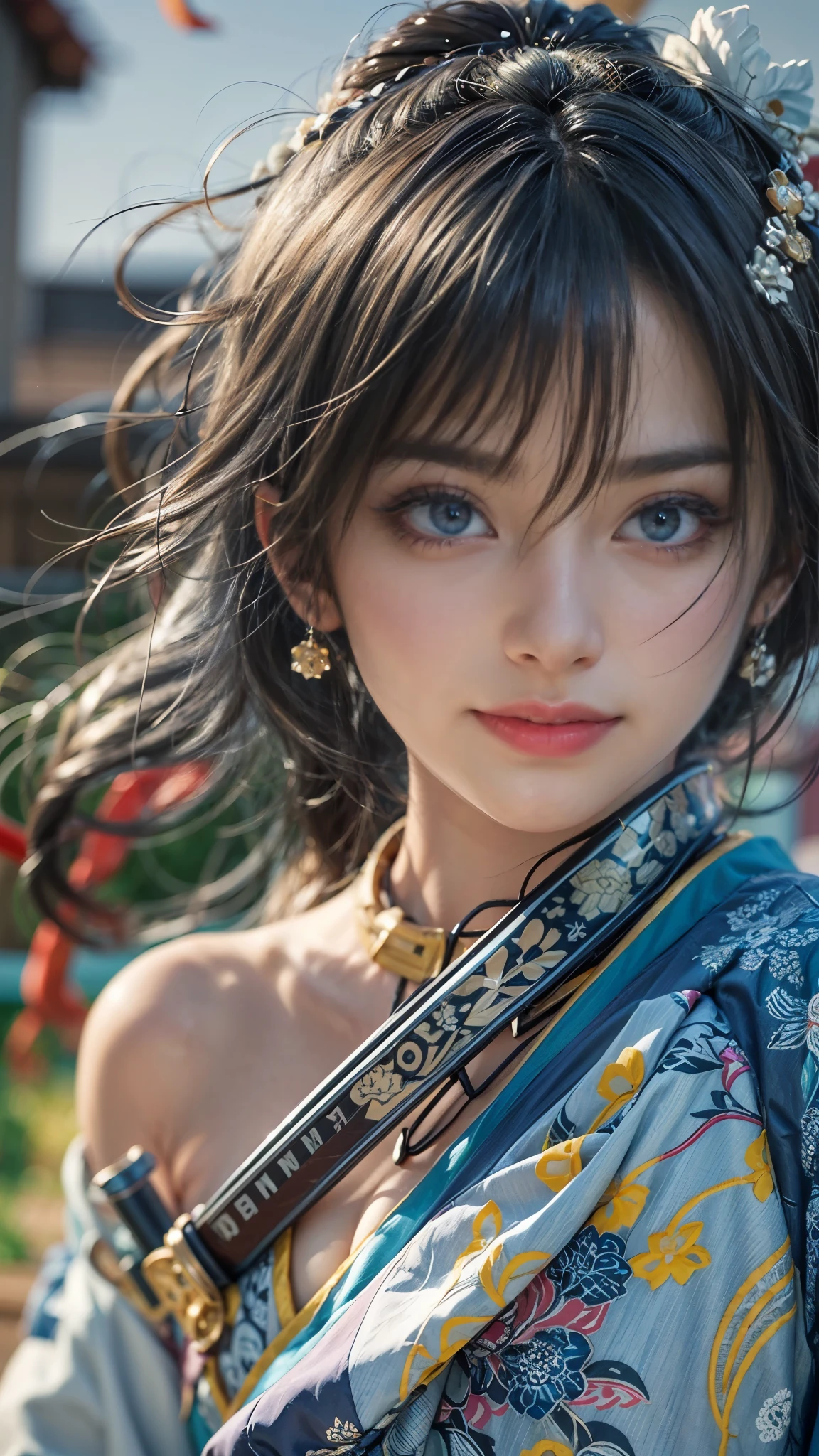 (RAW shooting, Photoreal:1.5, 8k, highest quality, masterpiece, ultra high resolution), Sengoku, perfect dynamic composition:1.2, Mysterious:1.3, Highly detailed skin and facial textures:1.3, Slim female samurai holding a Japanese sword in upper stance:1.1, beautiful and aesthetic:1.2, cute and sexy beauty, perfect style, wear elaborate rings, war, water, Wind, thunder, ice, Fair skin, very beautiful face, (Medium chest, Chest gap), (embarrassing smile, The expression on your face when you feel intense caress, Facial expression when feeling pleasure), (Wearing a sexy Sengoku uniform:1.1, off shoulder), (beautiful blue eyes, Eyes that feel beautiful eros:0.8), (Too erotic:0.9, Bewitching:0.9), full body shot, Japanese castle in the background