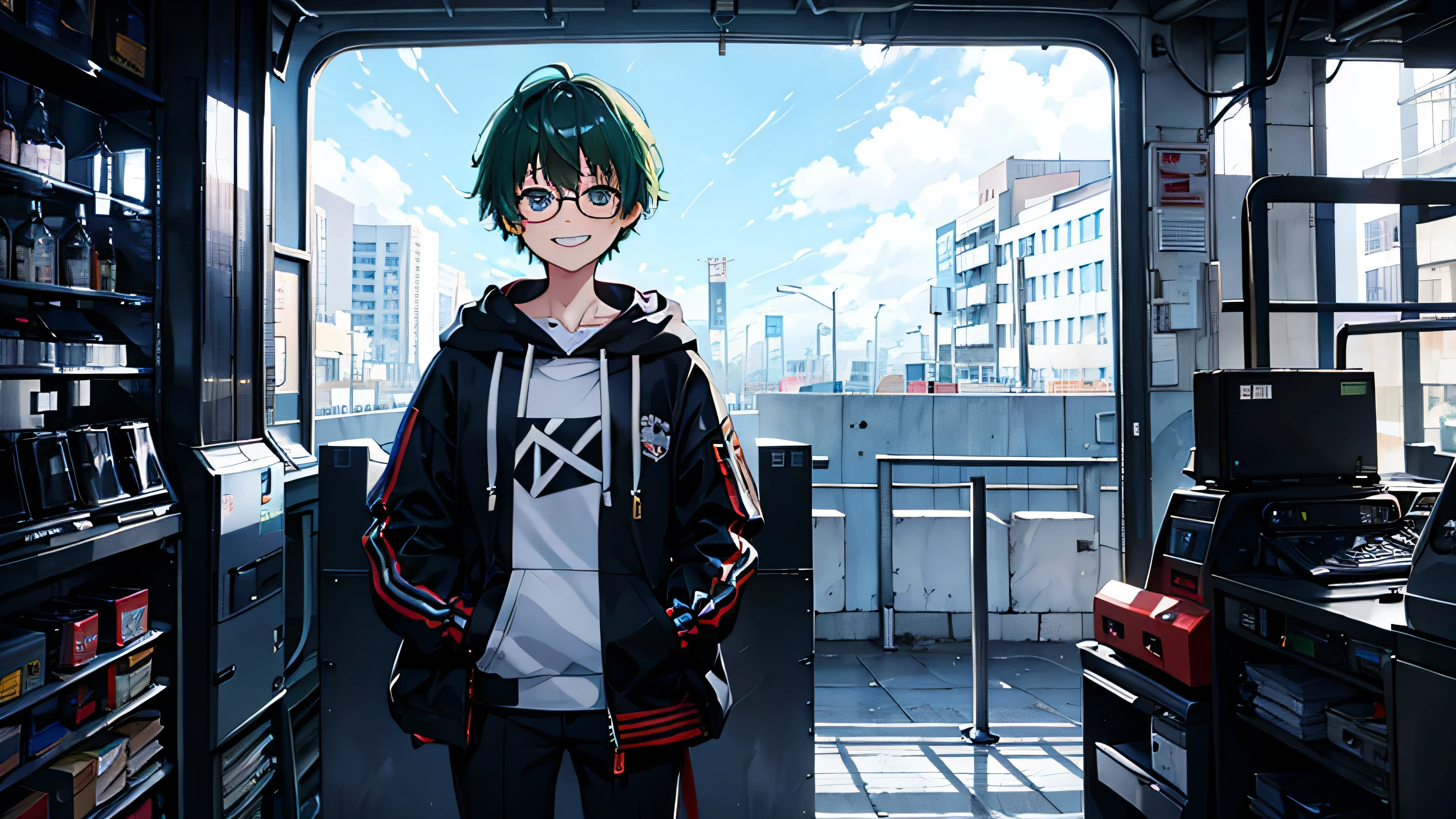 hoodie oversize、1 male、headphone、put one&#39;Hand in hand&#39;pocket of、Backpack、short cut hair、green hair、fine eyes、cyber punk、view audience、Grinning face、canine teeth、smile、Glasses、sit、alone、whole body、peeping