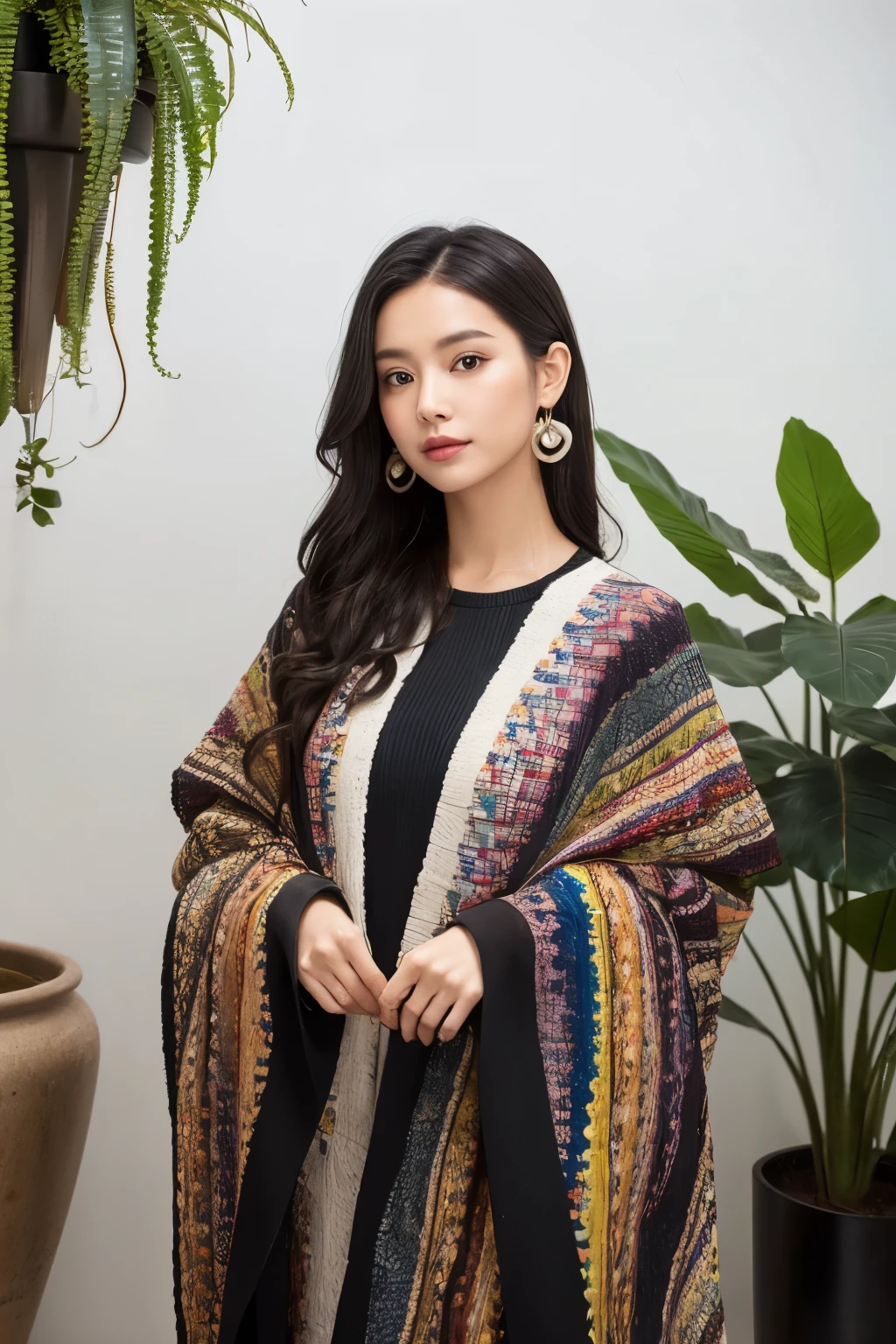 1woman, 28 yo woman, woman, curly hair, beautiful woman, her hair wrapped in colorful ((quilt folk rug)) dimples, looking to camera, dark clothing, custom fashion fit, (long curly hair:1.3), several ear piercings, beside a (black checkered vase with a potted surreal plant growing from it), overgrown, ((misty fog:1.1)), lush haze, Bioluminescence, she's a true charismatic woman, there's something about her, incredible presence all her details are captured by any and all cameras, all (details captured, taken by Canon EOS 5D, Nikon d850 full frame, Leica M, Hasselblad digital cameras), the picture seems to show you every detail, we can see details the normal eye can't see, invisible to many, camera is revealing more around her, reveal the deepest shadows, blacks are deep and rich, every texture is clear and fine, shallow depth of focus, blurry path into deep darkness, a busy the path and keep her from being safe inside where she wants to be
