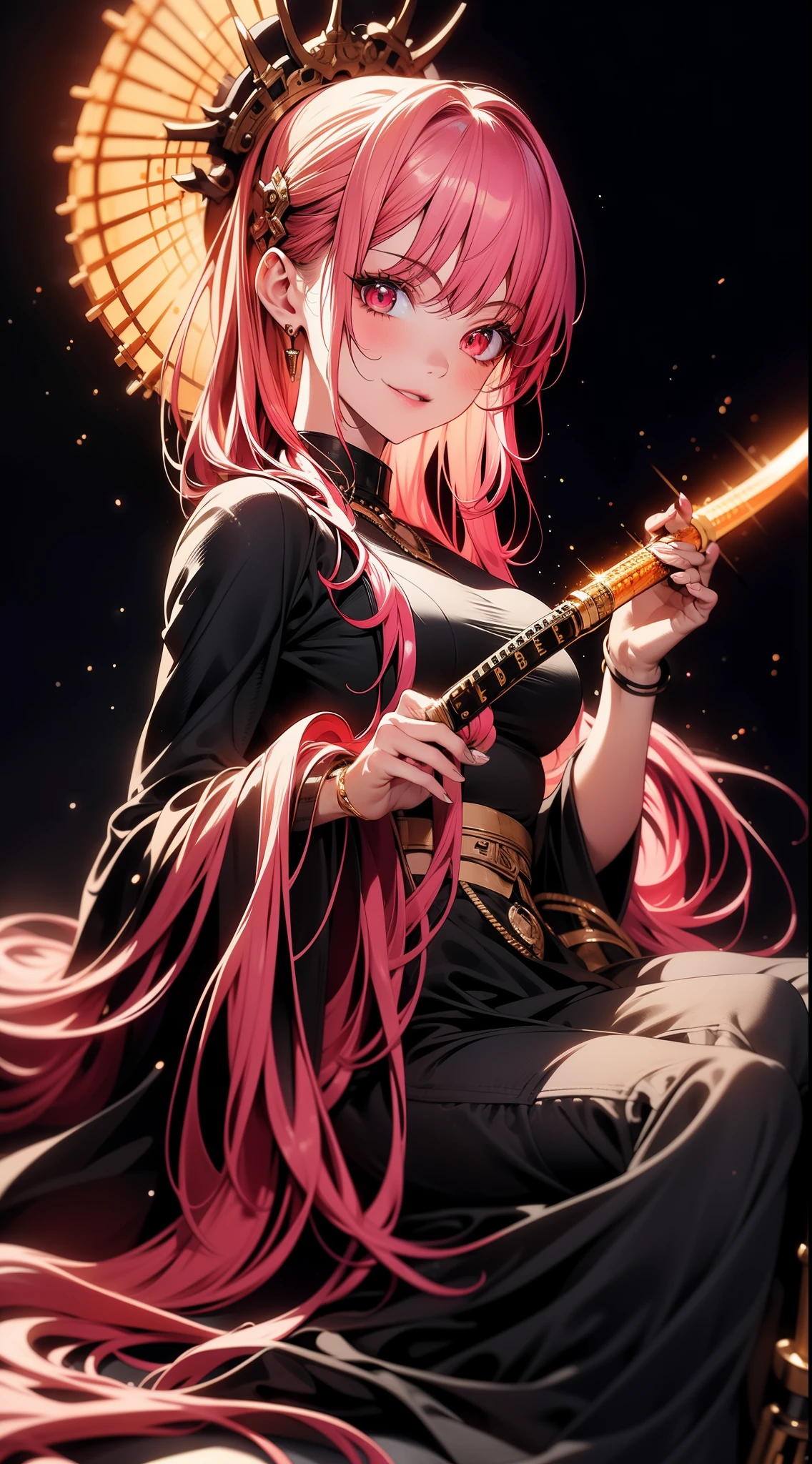 (best quality,highres),ultra-detailed,extremely detailed face,better hands,better fingers,perfect smile,long eyelashes,beautiful detailed eyes,beautiful detailed lips,pink hair,five fingers,perfect hands holding a katana,flame blade,anime,portrait,vibrant colors,warm color tones,soft lighting