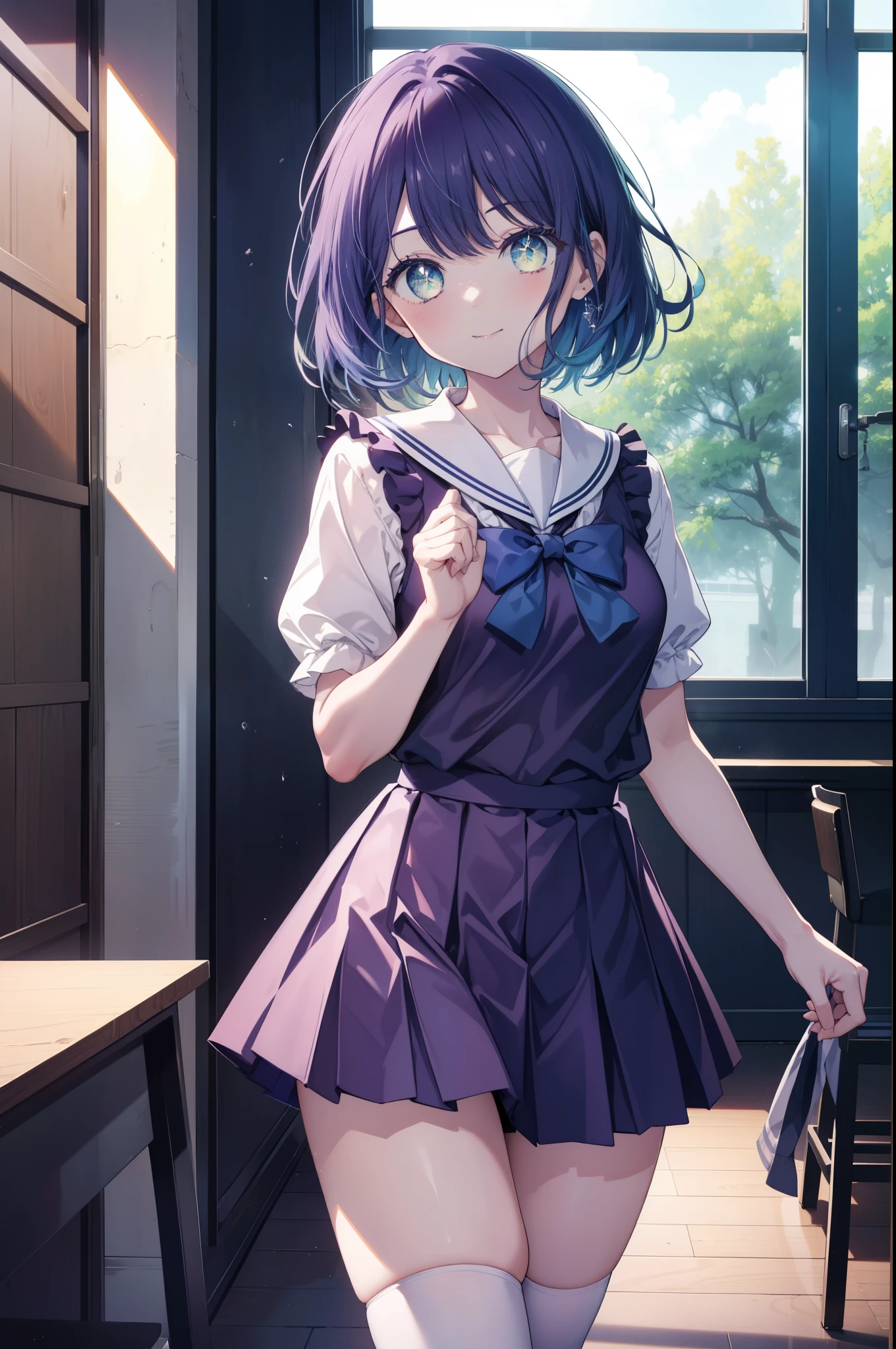 akanekurokawa, Akane Kurokawa, aqua eye, blue hair, medium hair, side lock,
summer clothes, serafuku, Puffy short sleeves, purple bow tie, horseshoe decoration, sailor collar, sailor shirt, purple shirt, white skirt, pleated skirt, frills, mini skirt, zettai ryouiki, white thighs, brown shoes, low person,laughter,thighs thighs thighs,かがんだ
break looking at viewer,
break indoors, classroom,
break (masterpiece:1.2), highest quality, High resolution, unity 8k wallpaper, (figure:0.8), (detailed and beautiful eyes:1.6), highly detailed face, perfect lighting, Very detailed CG, (perfect hands, perfect anatomy),