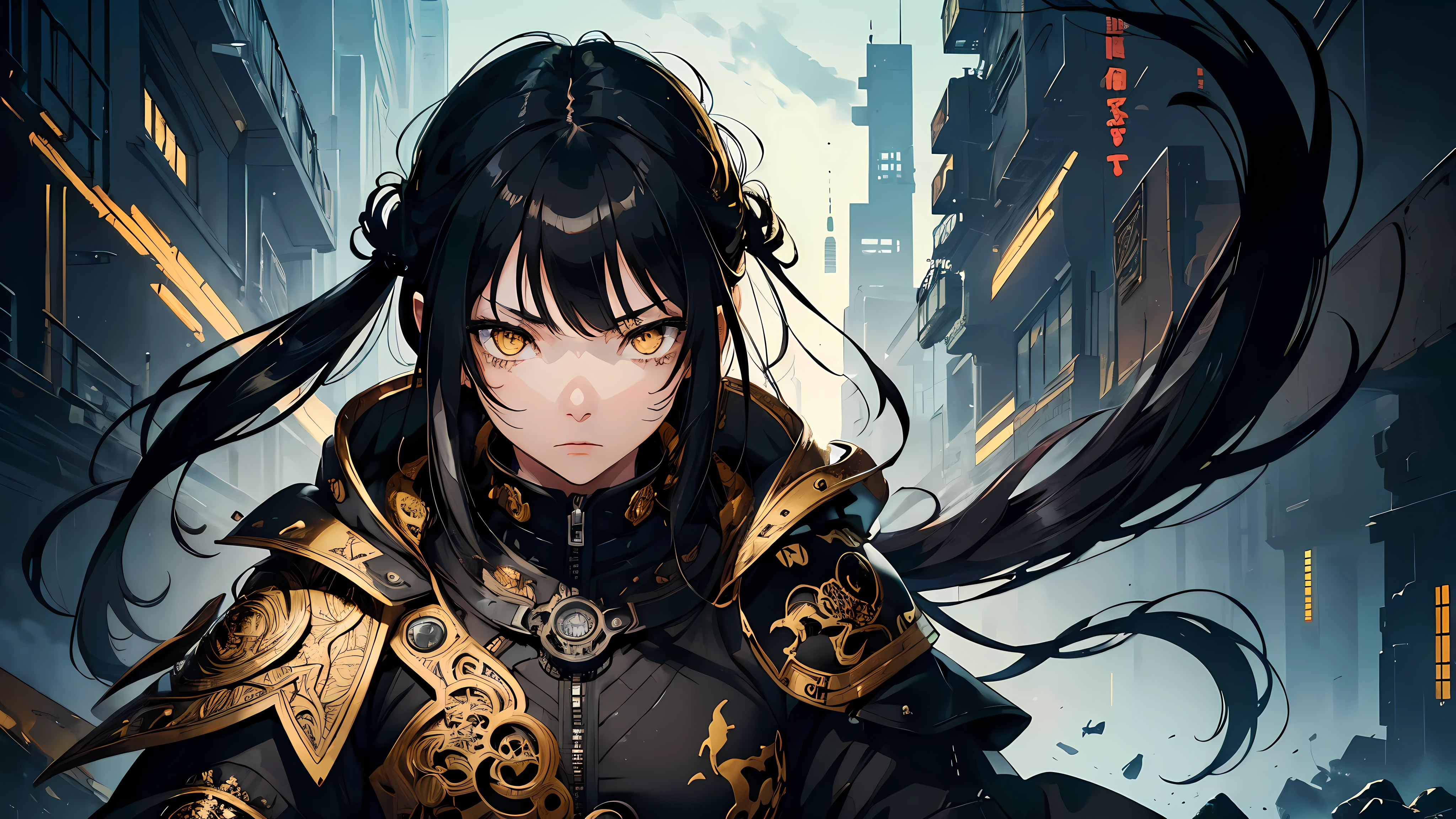 ((1girl)), style of Tsutomu Nihei, (incredibly absurdres, (high resolution:1.18), intricate detail, (masterpiece:1.1), (highest quality:1.1), absurdres), (1girl, portrait, black hair, gold eyes, long hair, detailed eyes),
