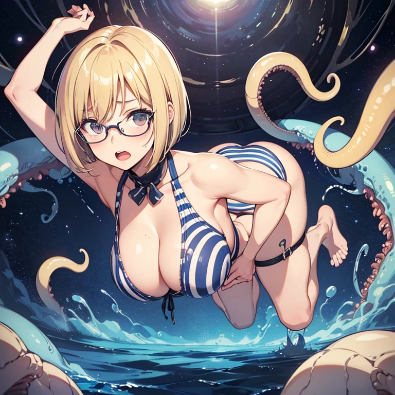 (masterpiece), best quality, expressive eyes, perfect face, ((solo, mature woman, full body, look smart, blond hair, short bob hair, glasses, striped bra, striped side-tie panties, large breast, large butt, look panic, relaxed expression, open mouth)), low view, ((aliens, alien monsters, tentacles, monstrous tentacles, swarming, surrounding)), (in the spaceship), outer space,