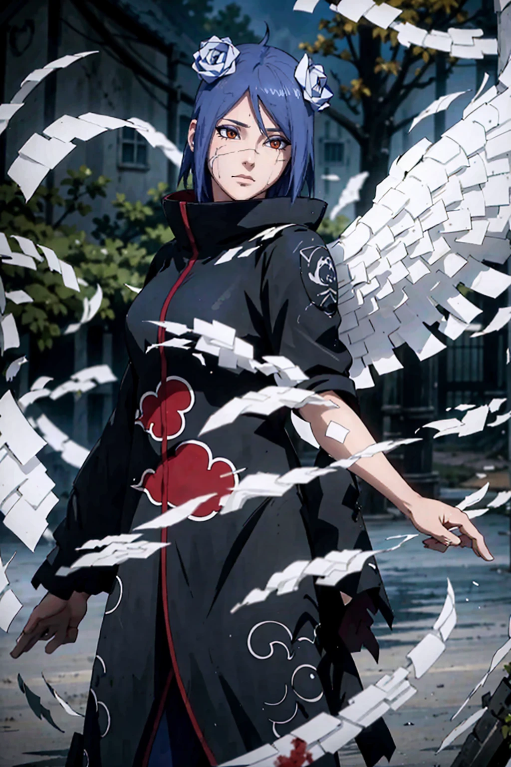 absurdres, (best quality), (masterpiece),(ultra-detailed:1.2),(photorealistic:1.1),(highres),
1girl,(injury:1.1),(blood:1.1),
konan \(naruto\), (akatsuki outfit:1.1), labret piercing, (paper:1.2),
ripples,swirling ,rainbow, angel wings made of paper