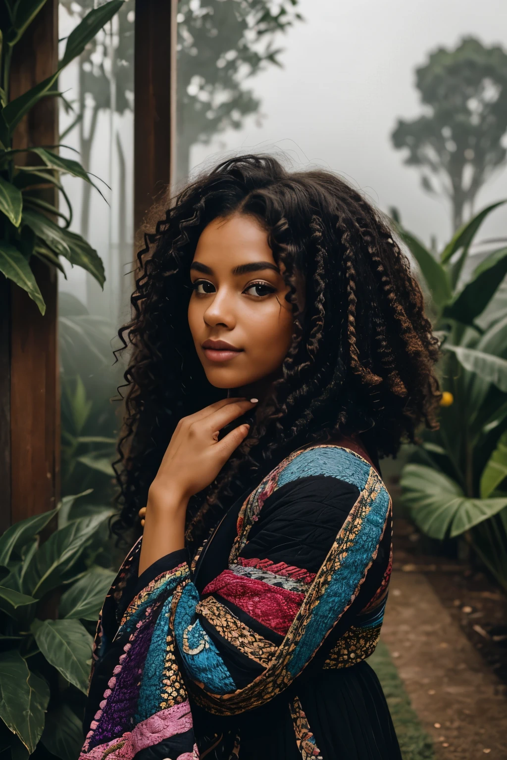 1woman, 28 yo woman, woman, curly hair, beautiful woman, her hair wrapped in colorful ((quilt folk rug)) dimples, looking to camera, dark clothing, custom fashion fit, (long curly hair:1.3), several ear piercings, beside a (black checkered vase with a potted surreal plant growing from it), overgrown, ((misty fog:1.1)), lush haze, Bioluminescence, she's a true charismatic woman, there's something about her, incredible presence all her details are captured by any and all cameras, all (details captured, taken by Canon EOS 5D, Nikon d850 full frame, Leica M, Hasselblad digital cameras), the picture seems to show you every detail, we can see details the normal eye can't see, invisible to many, camera is revealing more around her, reveal the deepest shadows, blacks are deep and rich, every texture is clear and fine, shallow depth of focus, blurry path into deep darkness, a busy the path and keep her from being safe inside where she wants to be