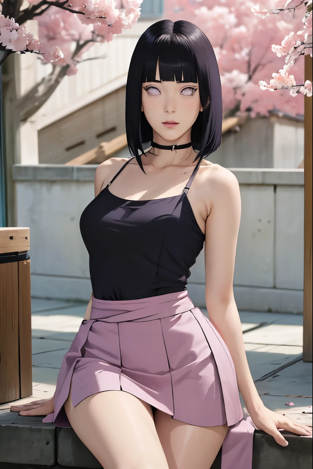 masterpiece, absurdres, hinata\(boruto\), 1girl, solo,mature female, spaghetti strap square neck, high waist short skirt, looking at viewer, (falling petals), perfect composition, detailed lips, voluptuous, beautiful face, body propotion, blush, (pink lips), long hair, purple eyes, soft gaze, super realistic, detailed, photoshoot, realistic face and body, armpits