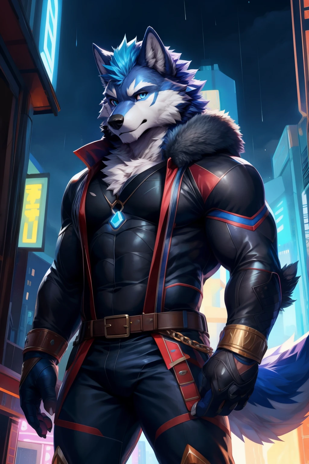 solo,anthro,furry,furry male, Wolf, ((fluffy fur,fluffy,furry body)), (dark gray fur, ancient Wolf print), (white body), Blue mohawk, blue eyes, short messy hair, tail, blue hair, sky blue eyes, detailed fluffy fur, Black Bodysuit, detailed face, detailed eyes, dark blue pants, blue trimming, blackbody suit, crest, crystal, blue pendant, detailed clothes, torn, detailed black bodysuit, decorative belt, gold straps, white muzzle, full body, muscular, (by null-ghost, by racoon21, masterpiece, high quality,hi-res,8k had), standing,close-view portrait, looking at viewer, outdoors, lights, sad expression, dark shadows, neon city, pose, rain, rooftop, over city