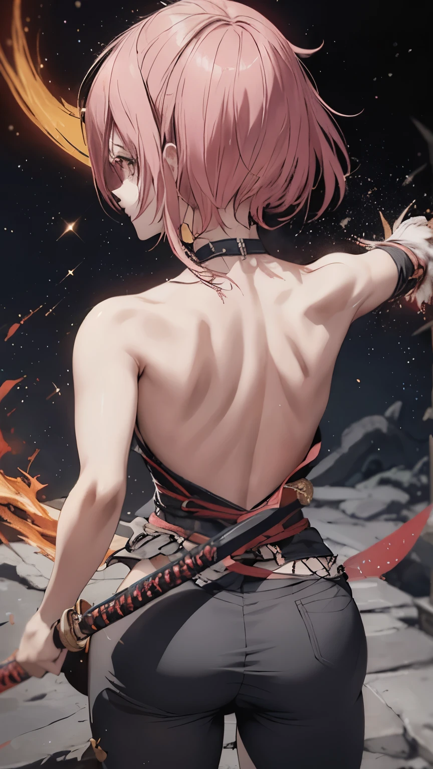 garota anime com cabelo rosa segurando uma espada , badass anime 8 k, melhor papel de parede de anime 4k konachan, she is holding a sword katana,com espada grande, desembainhando sua katana, Demon Slayer art style, she is holding a sword, de costas, standing on his back, costas nuas, pose empoderada, back view