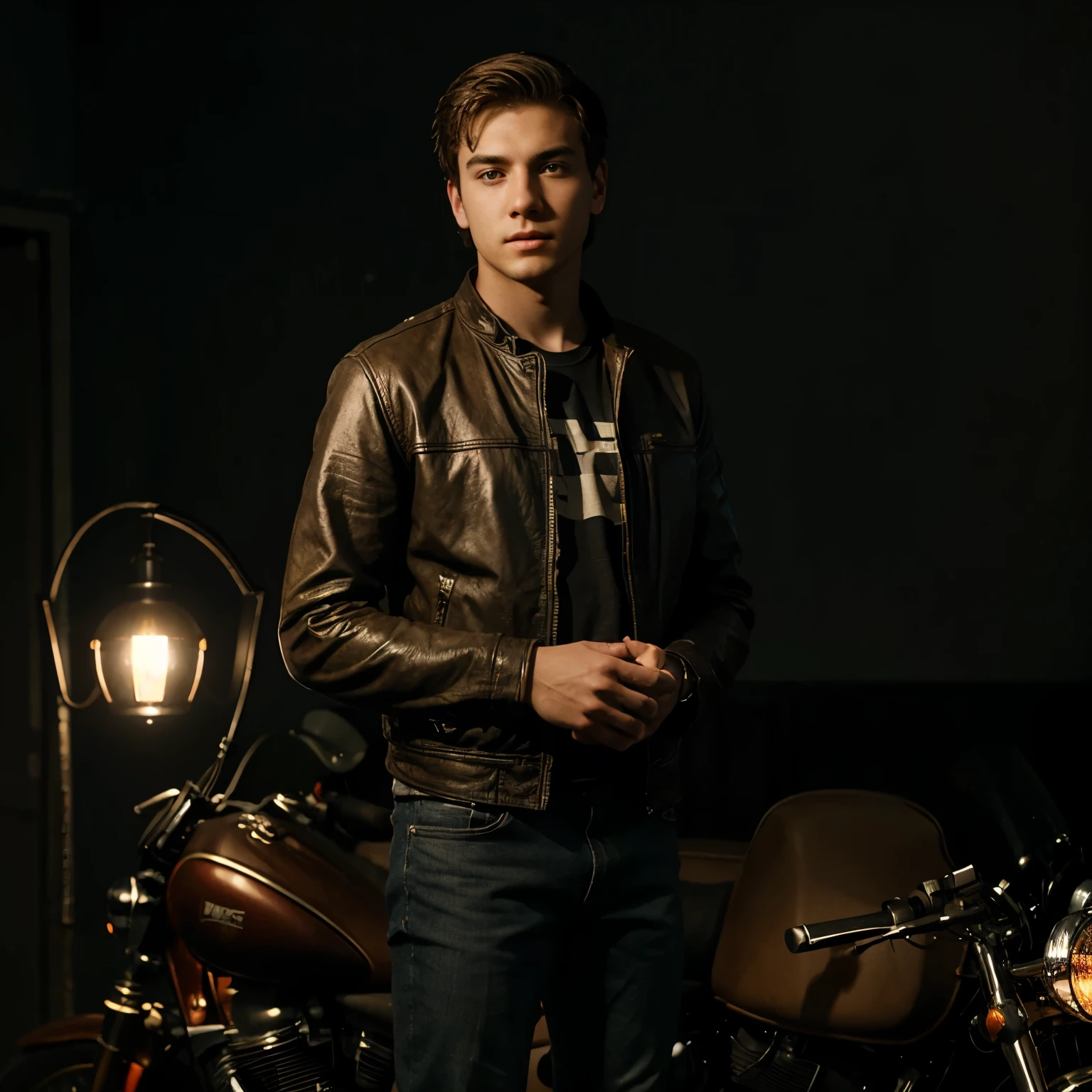 A wise young man standing in front, illuminated by the light of a lamp, against the backdrop of a MOTORCYCLE PART