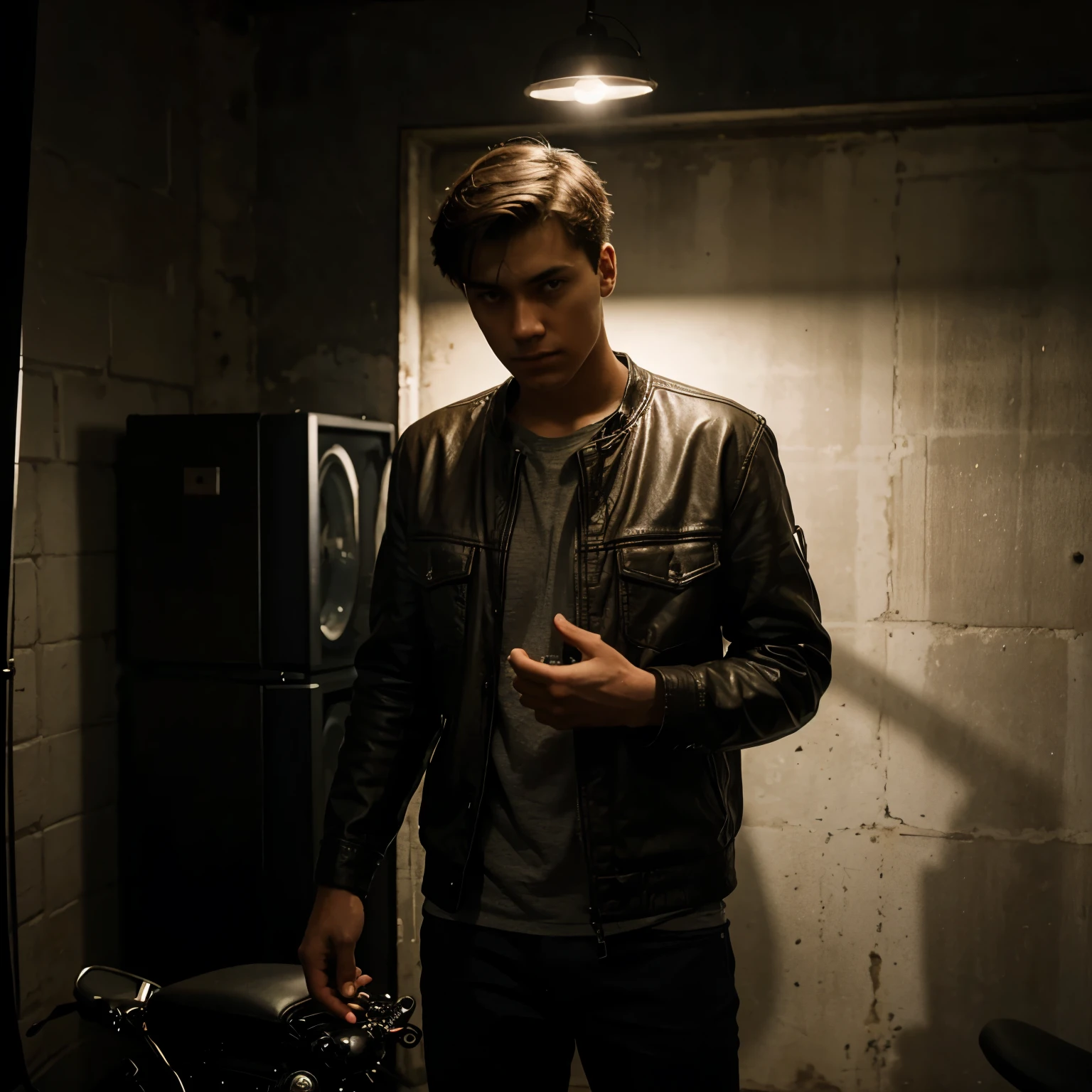 A wise young man standing in front, illuminated by the light of a lamp, against the backdrop of a MOTORCYCLE PART