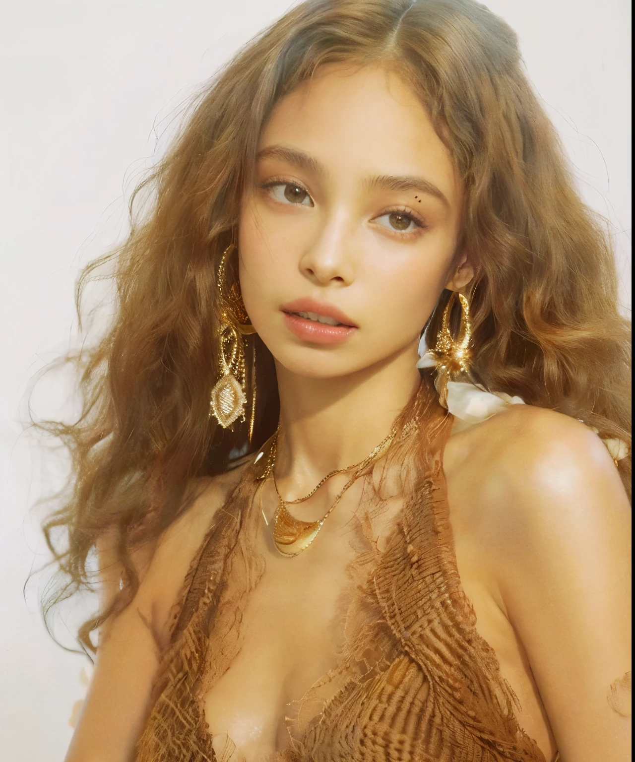 mulher arrasada, com cabelos longos e encaracolados, wearing a brown halter top, Retrato de Sophie Mudd, zoë kravitz, taken at the beginning of 2020, retrato de Vanessa Morgan, brincos enormes e maquiagem estranha, Bella Poarca, quanto, photo shoot for glossy magazine, imagem vazada, por Winona Nelson, com pele morena, ela tem pele morena oliva
