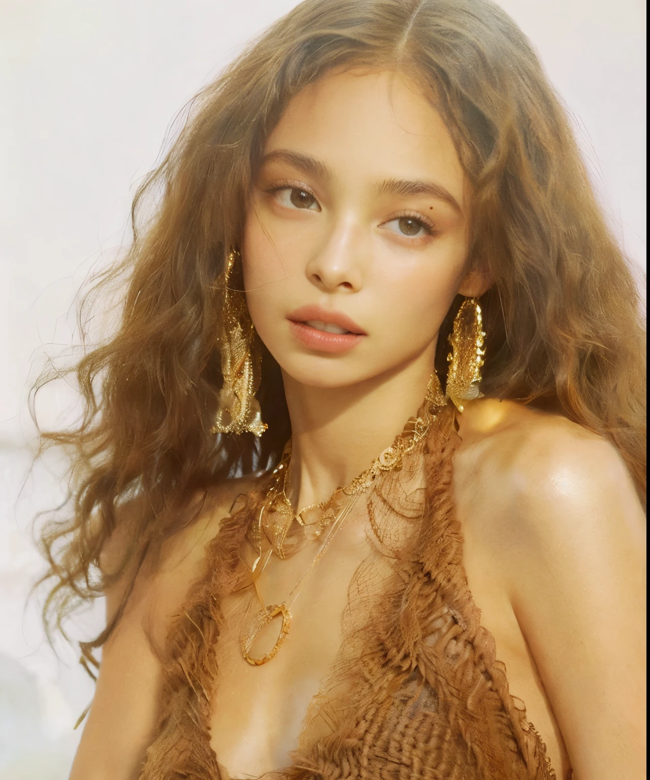 mulher arrasada, com cabelos longos e encaracolados, wearing a brown halter top, Retrato de Sophie Mudd, zoë kravitz, taken at the beginning of 2020, retrato de Vanessa Morgan, brincos enormes e maquiagem estranha, Bella Poarca, quanto, photo shoot for glossy magazine, imagem vazada, por Winona Nelson, com pele morena, ela tem pele morena oliva