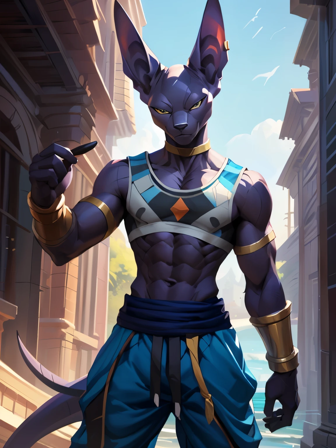 4k, ,8K, A high resolution, best quality, perfect colors, perfect shadows, perfect lighting, posted on e621, (by Chunie, by canyne khai, by t.y.starale), male, furry, sphynx cat anthro,beerus ( dragon ball) , solo, purple eyes, (Realistic eye details 1.2), beach, wearing tank top, wearing jogger sweatpants, Full body like, Slim body, abs, dramatic lighting, soft lighting, day, highly detail, Hair coiled, delight, Standing up position, cool pose charm, Abstract beauty, centre, Looking at the camera, Facing the camera, nearing perfection, Dynamic, highly detailed, illustration, (Realistic background), ((Bonifasko lighting)), (Detailed eyes), perfect pupils, detail eyes, detail fluffy fur, (seductive face:1.2), fit body, Looking at the camera,, fit body, perfect male figure, Detailed fur, Detailed face, Perfect face, Detailed background, (Complex), (Super Detail), (Ultra Clear), (Best Quality)