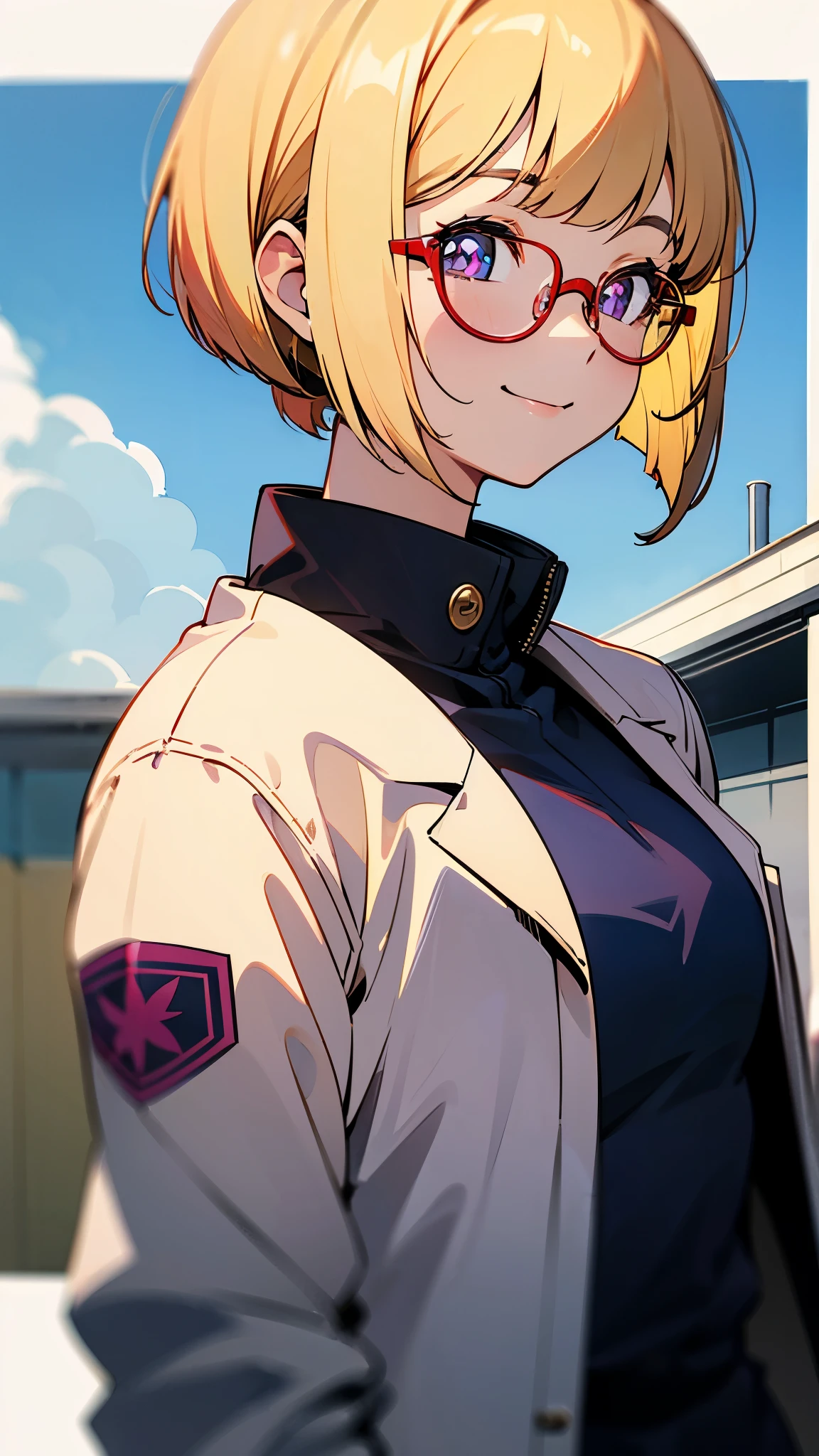 1 female、blonde、bangs、bob cut、straight hair、chignon hairstyle、Purple pupils、red rim glasses、smile、From the side、Wear a rider&#39;s jacket、long sleeve、gloves、roof of the building、Blowin' in the wind、blue sky、upper body close-up、sharp outline