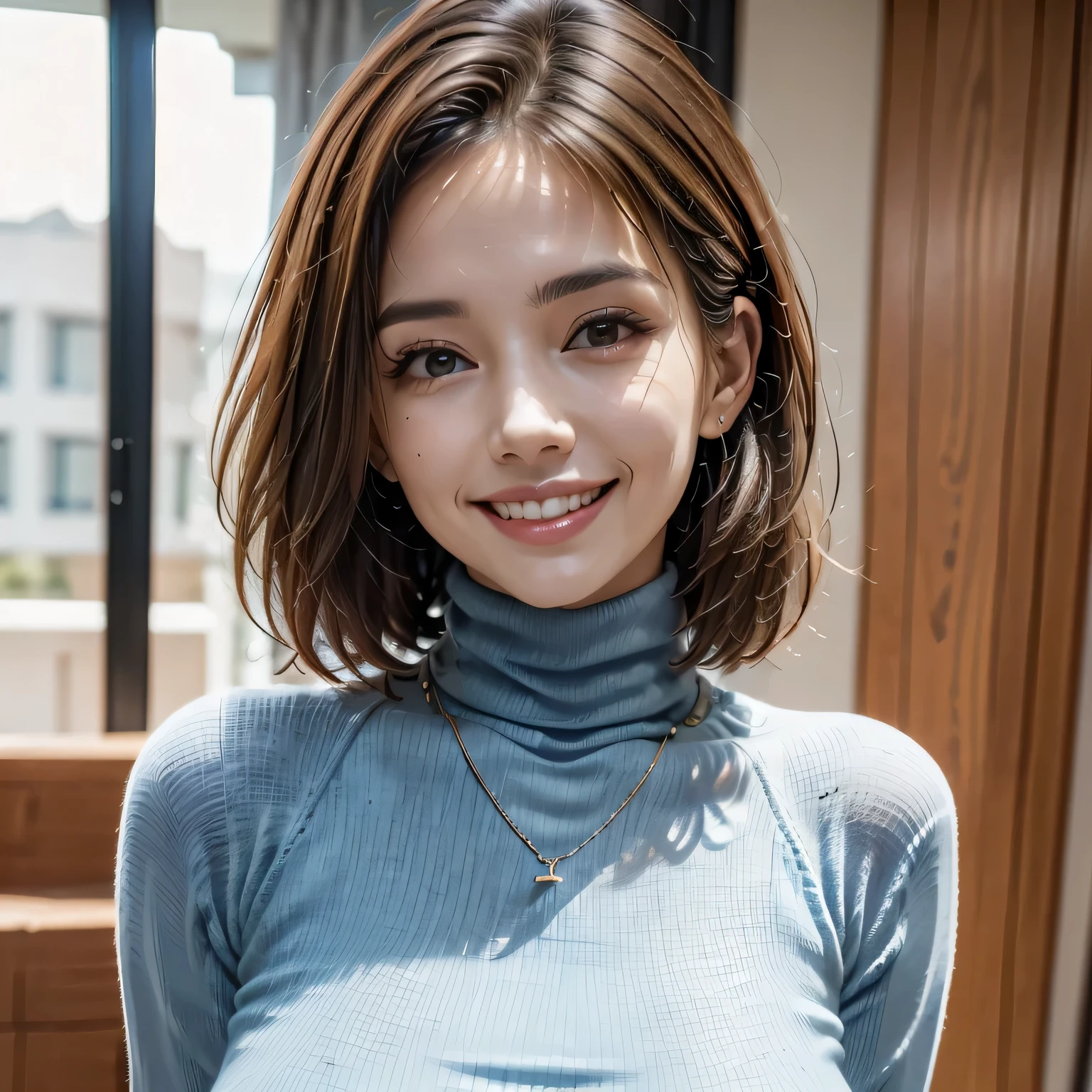 (1 girl), (ultimate beauty), middle aged, highly detailed face, detailed eye, double eyelid, eyelash, grin and laugh, beautiful teeth, lip details, brunette bob, ((just the face)), ((blue turtleneck sweater)), soft light, (background: living room at home), ((Depth of written boundary)), 8k, RAW photo, highest quality, masterpiece, realistic, Photoreal