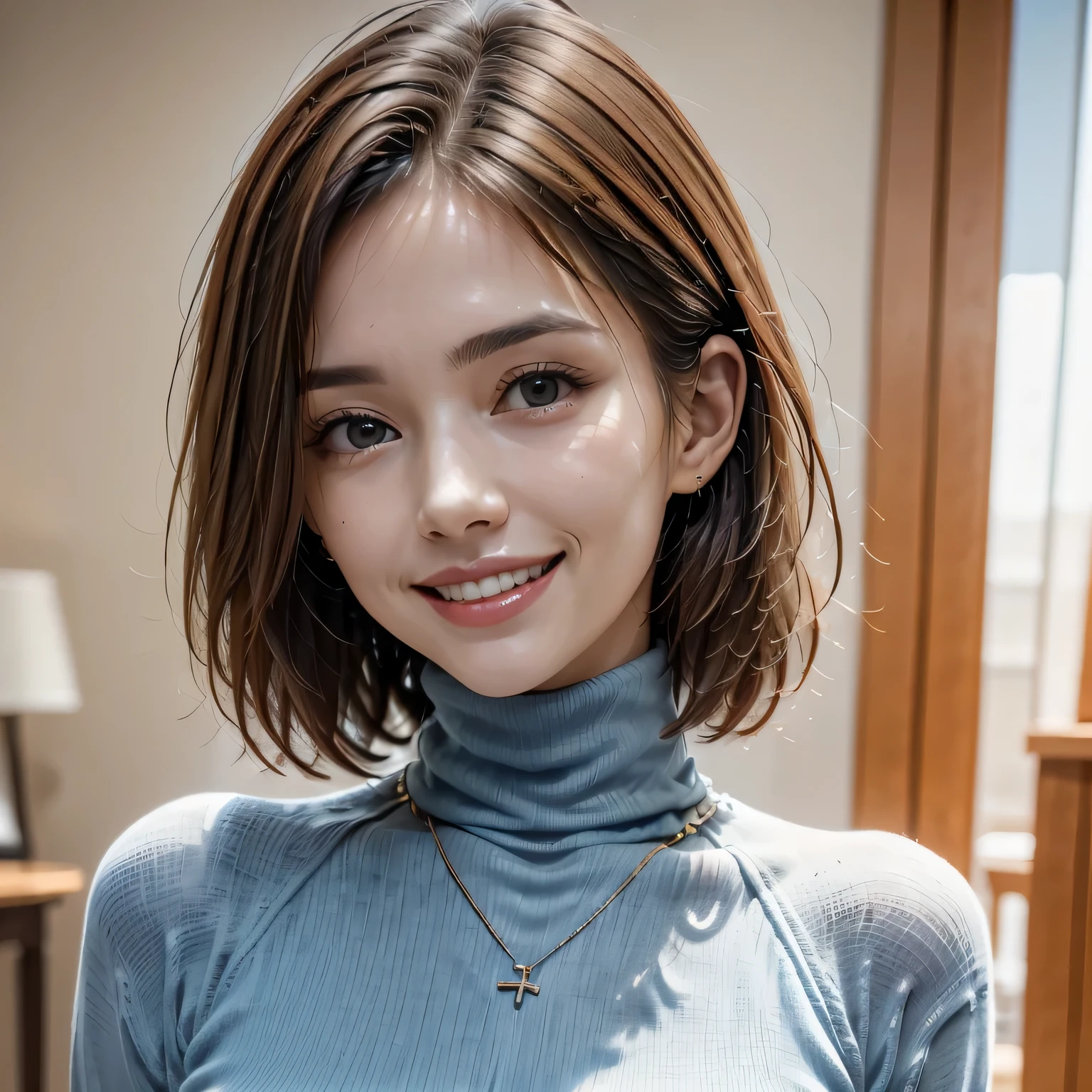(1 girl), (ultimate beauty), middle aged, highly detailed face, detailed eye, double eyelid, eyelash, grin and laugh, beautiful teeth, lip details, brunette bob, ((just the face)), ((blue turtleneck sweater)), soft light, (background: living room at home), ((Depth of written boundary)), 8k, RAW photo, highest quality, masterpiece, realistic, Photoreal