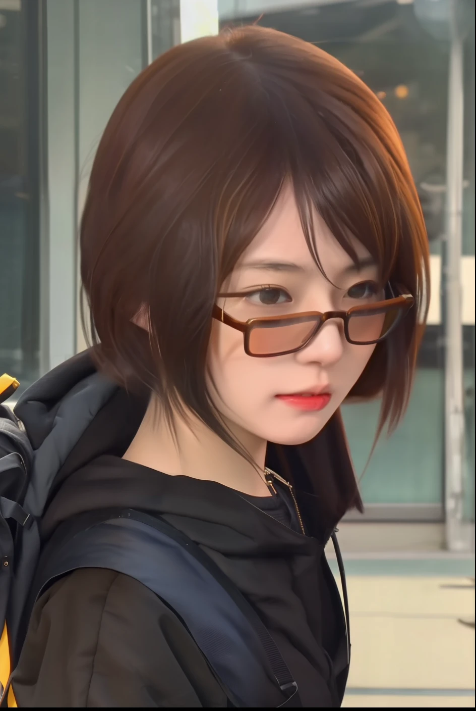 a woman with glasses and a backpack is standing on the street, female protagonist 👀 :8, makoto shinkai ( apex legends ), anime visual of a young woman, hints of yayoi kasuma, yayoi kasuma, from girls frontline, female protagonist, makoto shinka, anya from spy x family, female anime character, realistic