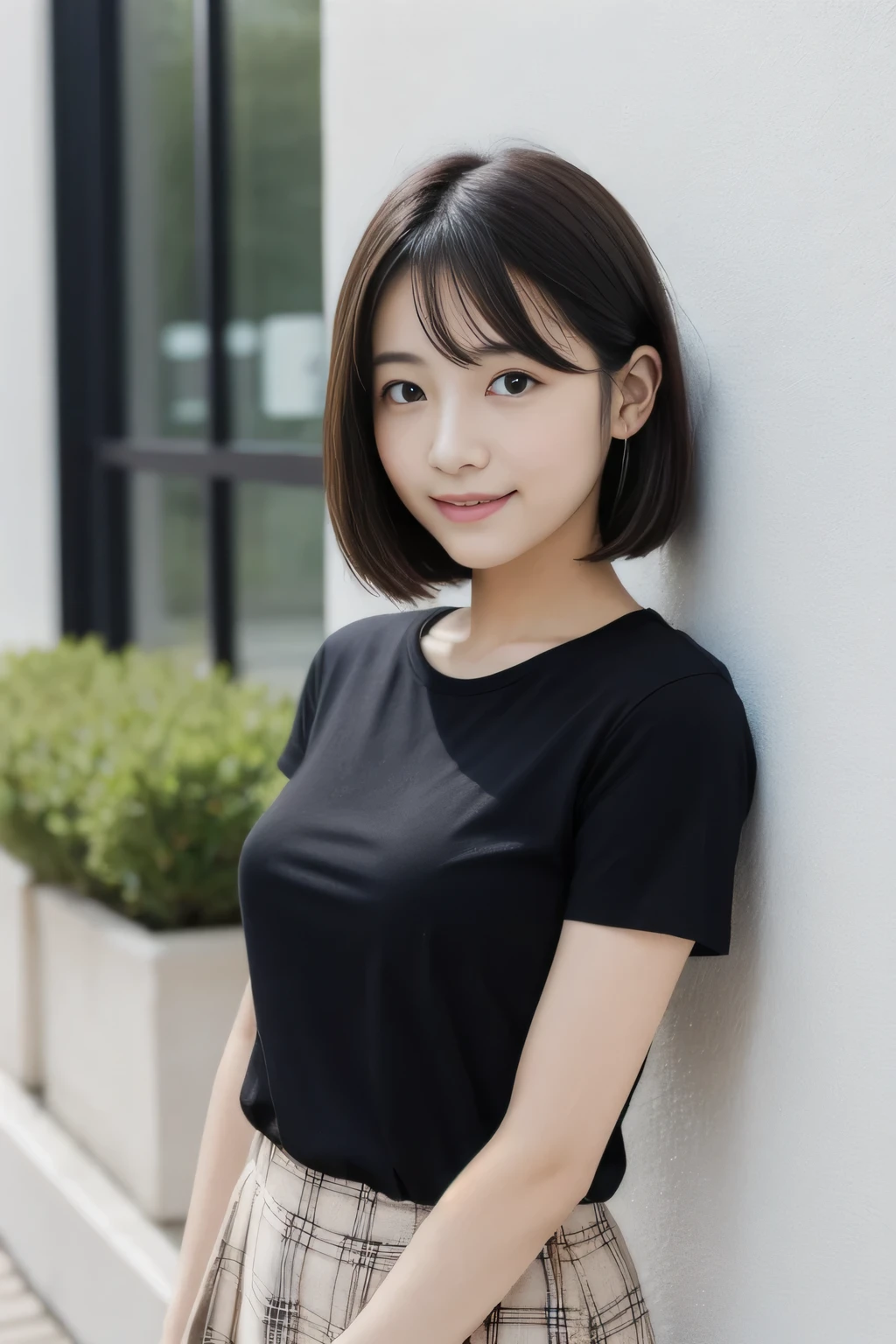 masterpiece、一人のBeautiful woman、detailed face、cute、fine eyes、fine skin、highest quality、Japanese、常に真frontageを向く、background white,、I am 28 years old、I&#39;Iは黒無地の半袖Tシャツを着ています、shy smile、shortcut、brown fluffy hair、soft light, Beautiful woman、bright look、(Are standing)、frontage、small breasts、(Keep your upper body facing straight ahead.......) , Wearing a long plaid skirt , full body shot,So that the whole body is reflected, background white, bob hair.,keep your chest straight ahead、black t-shirt、I&#39;Iは黒無地の半袖Tシャツを着ています、The background is a white wall, black t-shirtを着ています、I wear a black T-shirt,