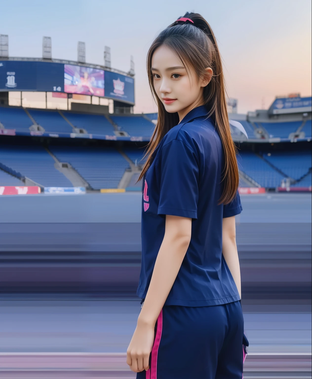 (best quality,10,10,height,Masterpiece:1.2),Special details,(realistic,ภาพrealistic,Realistic photos:1.37),1 cute girl on the football field,shiny, ผิวshiny,only,smile softly,BDclothelue shirt:1.3)),short sleeve,shirt, กางเกงขาlong.,(navy_long_track pants:1.1), ((stadium background:1.3)),Dynamic angle,excited,Face focus,dynamic poses,from behind,focus on ass,Masterpiece, best quality, ultra realistic, hyper-detail, 8K resolution, raw photos, Sharp focus, ((Navy blue shirt:1.1)), short sleeve, เส้นทางlong, perfect body, 2 mature women, 18 years old, Cinema-grade lighting system,blue sweatpants,shirtผ้าออกกำลังกาย,correct anatomy,perfect body, correct body, Sharp face, correct bodyทางกายวิภาค, full body, realistic gestures, long-haired, realistic poses,Wear long shorts................................,ช่วงขาlong,Good shape,carved girl, Slender figure, model, Good shape, beautiful body,blue sweatpants, two girls kissing