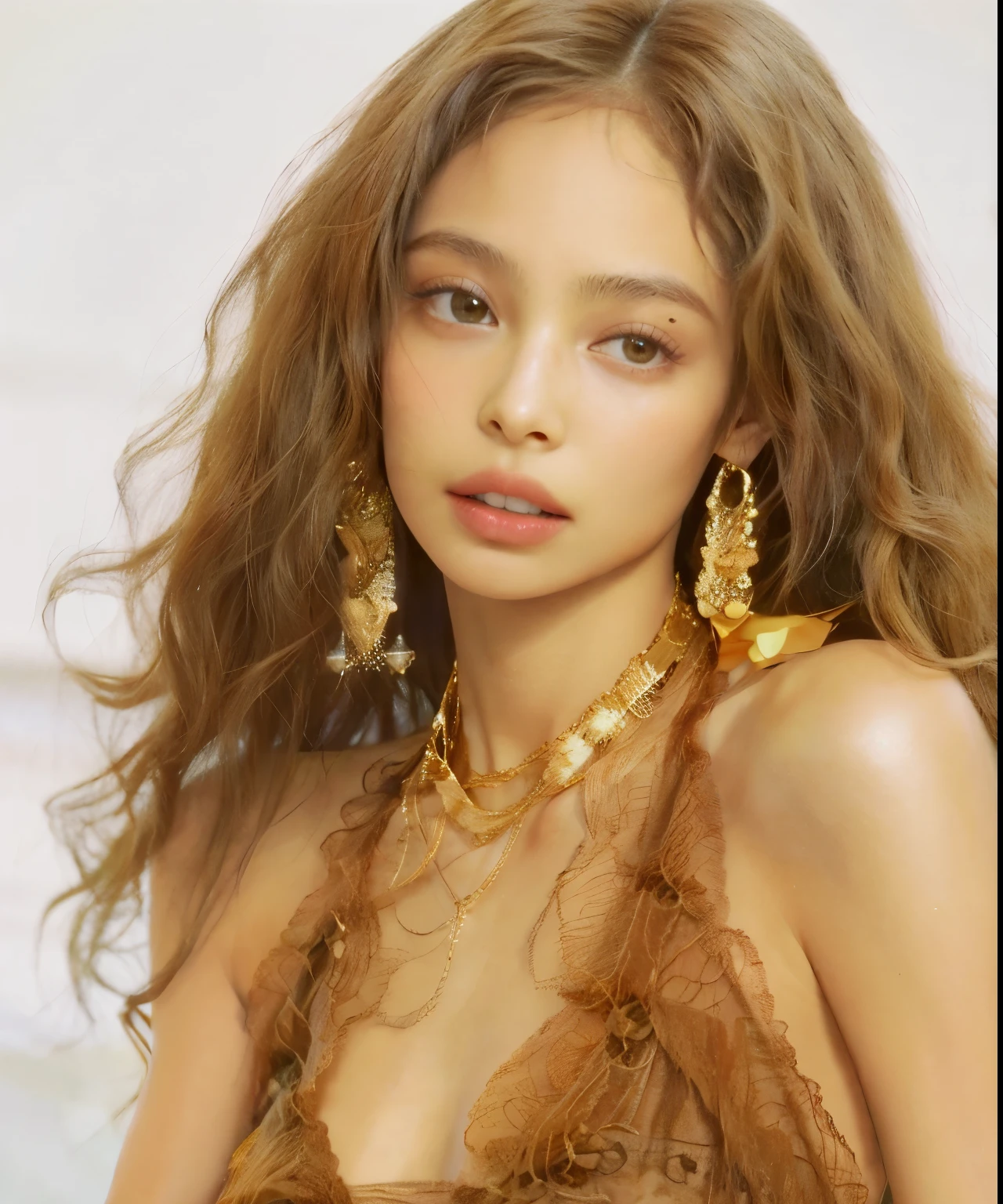 mulher arrasada, com cabelos longos e encaracolados, wearing a brown halter top, Retrato de Sophie Mudd, zoë kravitz, taken at the beginning of 2020, retrato de Vanessa Morgan, brincos enormes e maquiagem estranha, Bella Poarca, quanto, photo shoot for glossy magazine, imagem vazada, por Winona Nelson, com pele morena, ela tem pele morena oliva