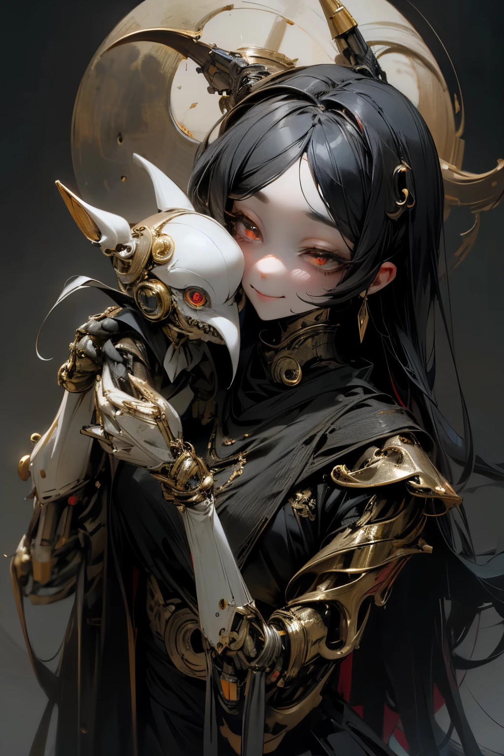 best quality, 32k, RAW photo, incredibly absurdres, extremely detailed, delicate texture, mechanical puppets, smile, crescent moon shaped eyes, dark fantasy, horror