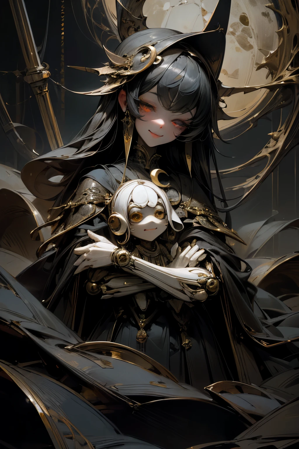best quality, 32k, RAW photo, incredibly absurdres, extremely detailed, delicate texture, mechanical puppets in both hands, smile, crescent moon shaped eyes, dark fantasy, horror
