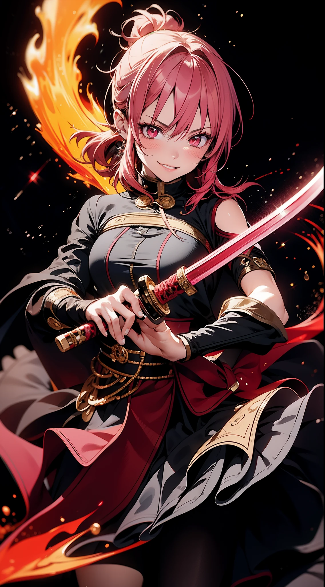 better hands, better fingers, ultra detailed face, perfect smile, five fingers, perfect hands holding a katana, flame blade, pink hair