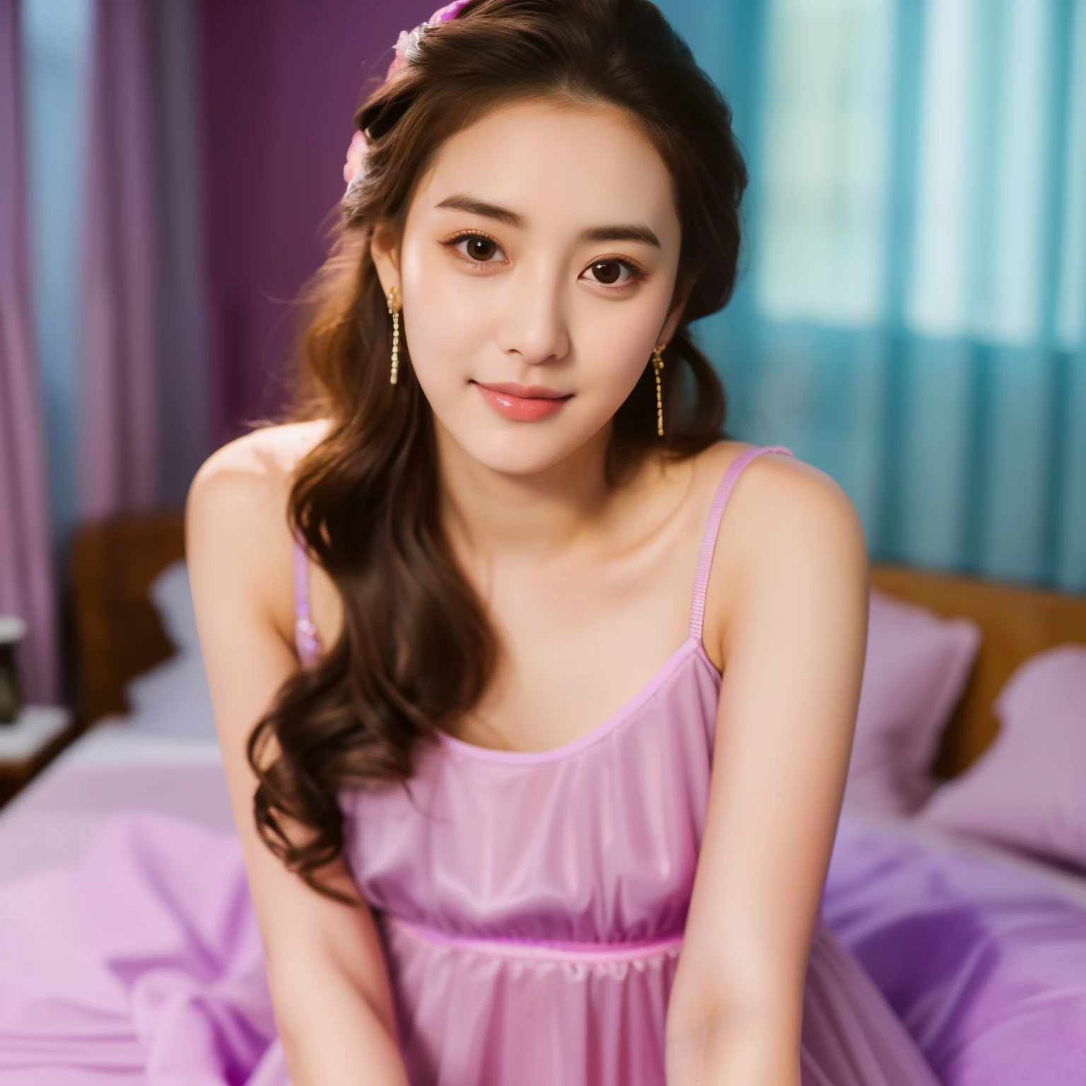 there is a woman sitting on a bed with a pink dress, wearing a cute top, dilraba dilmurat, korean girl, violet tight tanktop, wearing tanktop, heonhwa choe, 1 8 yo, amouranth, gorgeous young korean woman, young and cute girl, ruan cute vtuber, purple top, sakimi chan