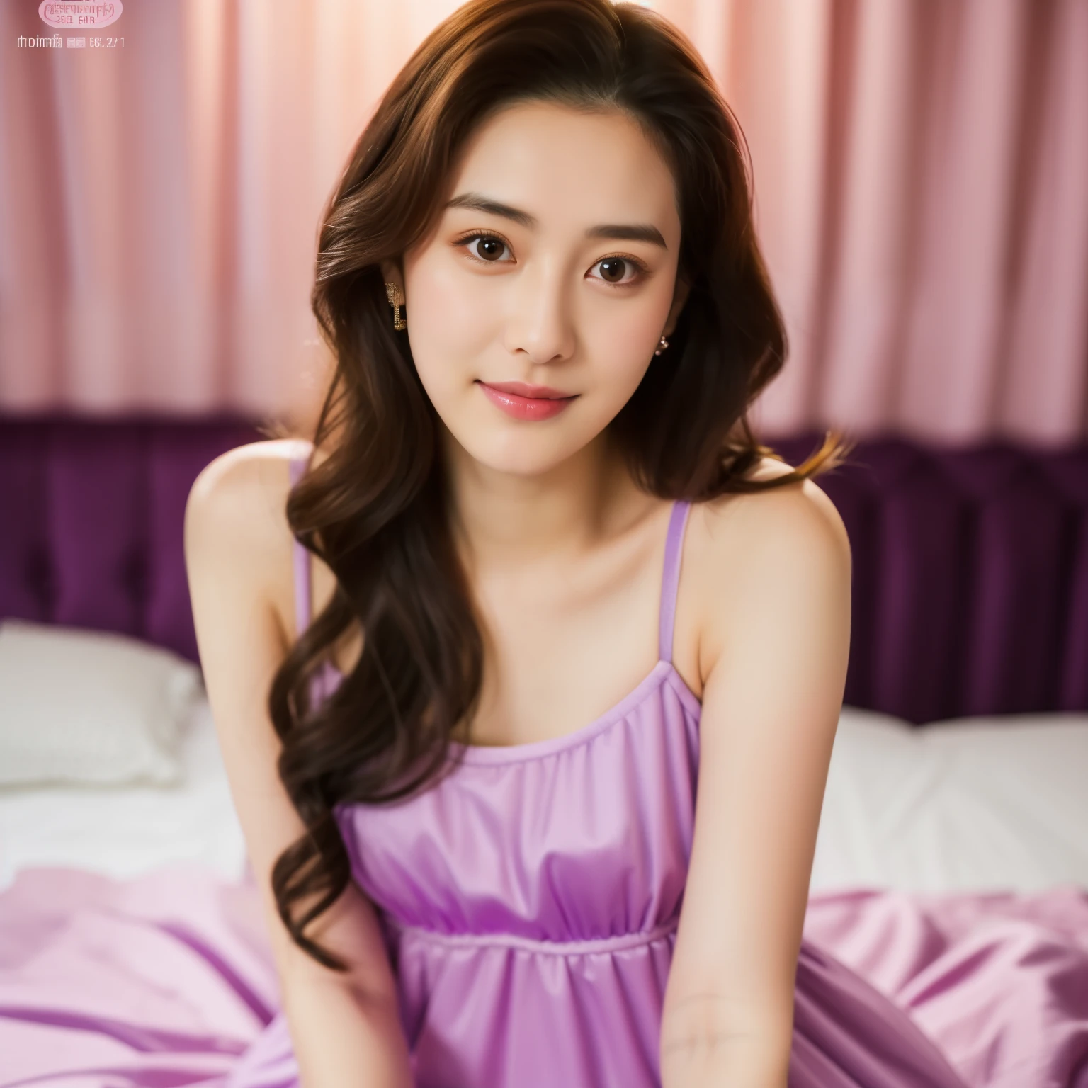 there is a woman sitting on a bed with a pink dress, wearing a cute top, dilraba dilmurat, korean girl, violet tight tanktop, wearing tanktop, heonhwa choe, 1 8 yo, amouranth, gorgeous young korean woman, young and cute girl, ruan cute vtuber, purple top, sakimi chan