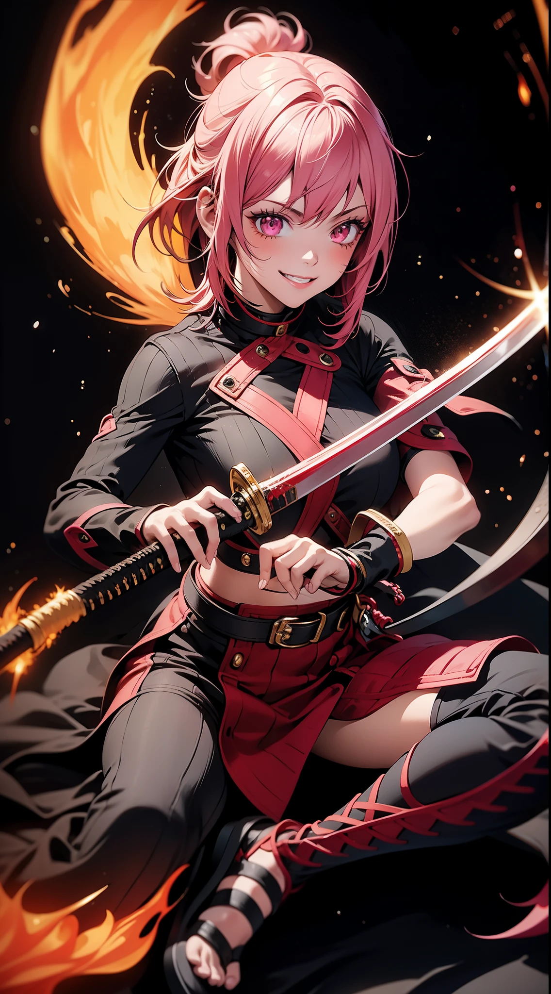 better hands, better fingers, ultra detailed face, perfect smile, five fingers, perfect hands holding a katana, flame blade, pink hair