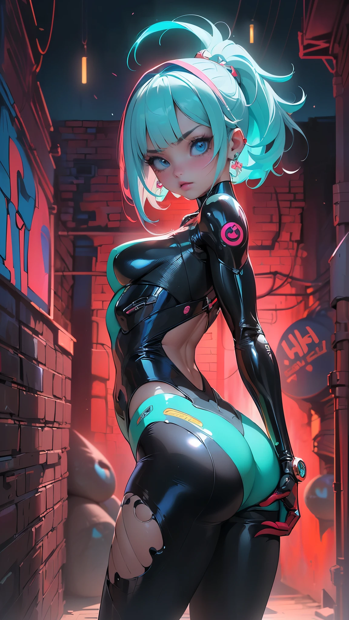 the highest quality))、((obra maestra)、ciberpunk、nalgas grandes、arrodillarse、Electronic visor attached to the face of a 12-year-old girl with emphasis on the buttocks、Red latex body.,modo ciberpunk、pose sexy、(Usar polainas amarillas en la parte inferior del cuerpo、Agrandamiento de los senos、Neon lights in the dark city at night.,motor irreal:1.4,HD,La mejor calidad:1.4, fotorrealista:1.4, textura de la piel:1.4, obra maestra:1.8,obra maestra, mejor calidad,(Beautiful and detailed description of the eye.),( neon blue cyborg),(perfect anatomy),(Dedos detailed :1.4 ),white cyborg latex bodysuit,,( perfect anatomy 2.1), (estilo ciborg kawaii rojo :1.4), (background alley walls big stones :1.4), (only)