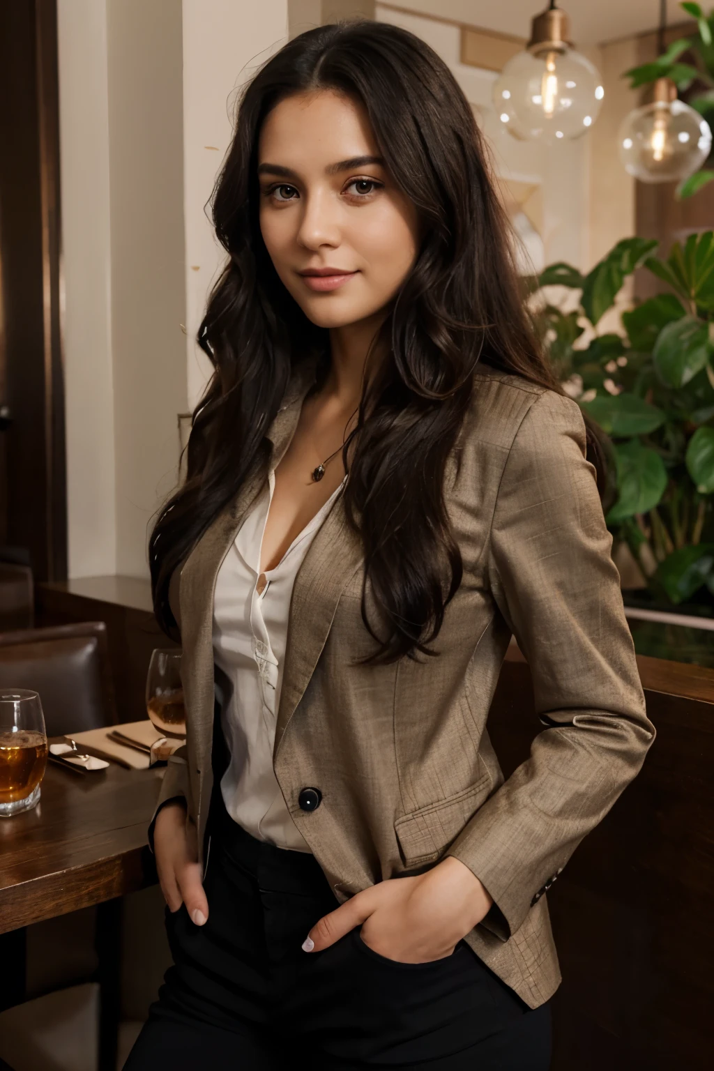 1 adult female, long hair, curls, black hair color, Smooth skin, brown eyes, Smile, vegetation, accidental, businesswoman style clothes, light brown blazer, realist, High-end restaurant background, 8k super realist, super detalhado e realist