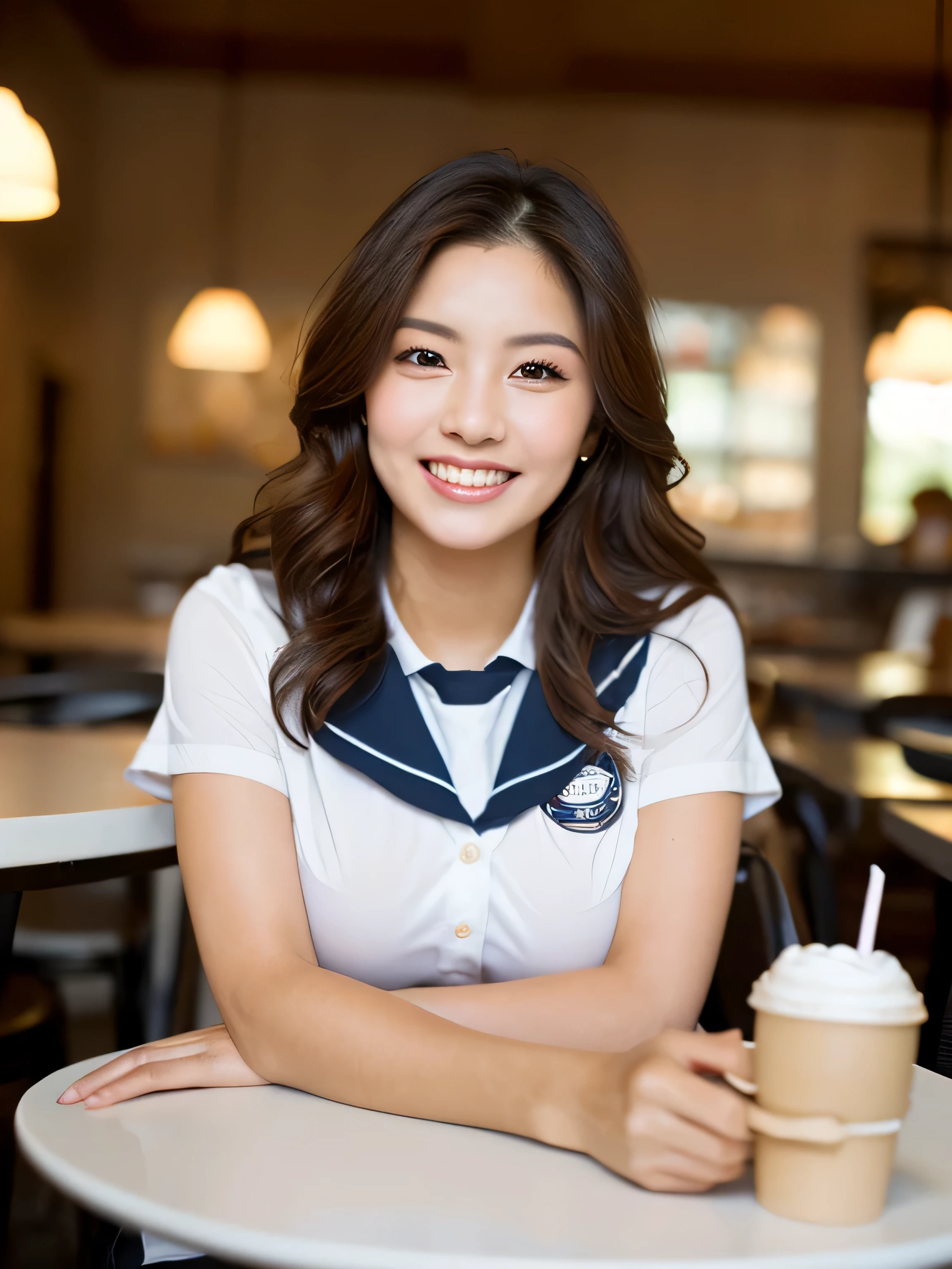 Seed value 4127110832,((ung and beautiful girl: 1.4)),(8k, RAW photo, highest quality, table top: 1.2),cinematic light,fine and beautiful eyes,huge breasts, light makeup,(face:1.3),(laughter),(cute cafe uniform:1.3),(Stylish café interior:1.3),(Serve coffee:1.3),(From customers'point of view)